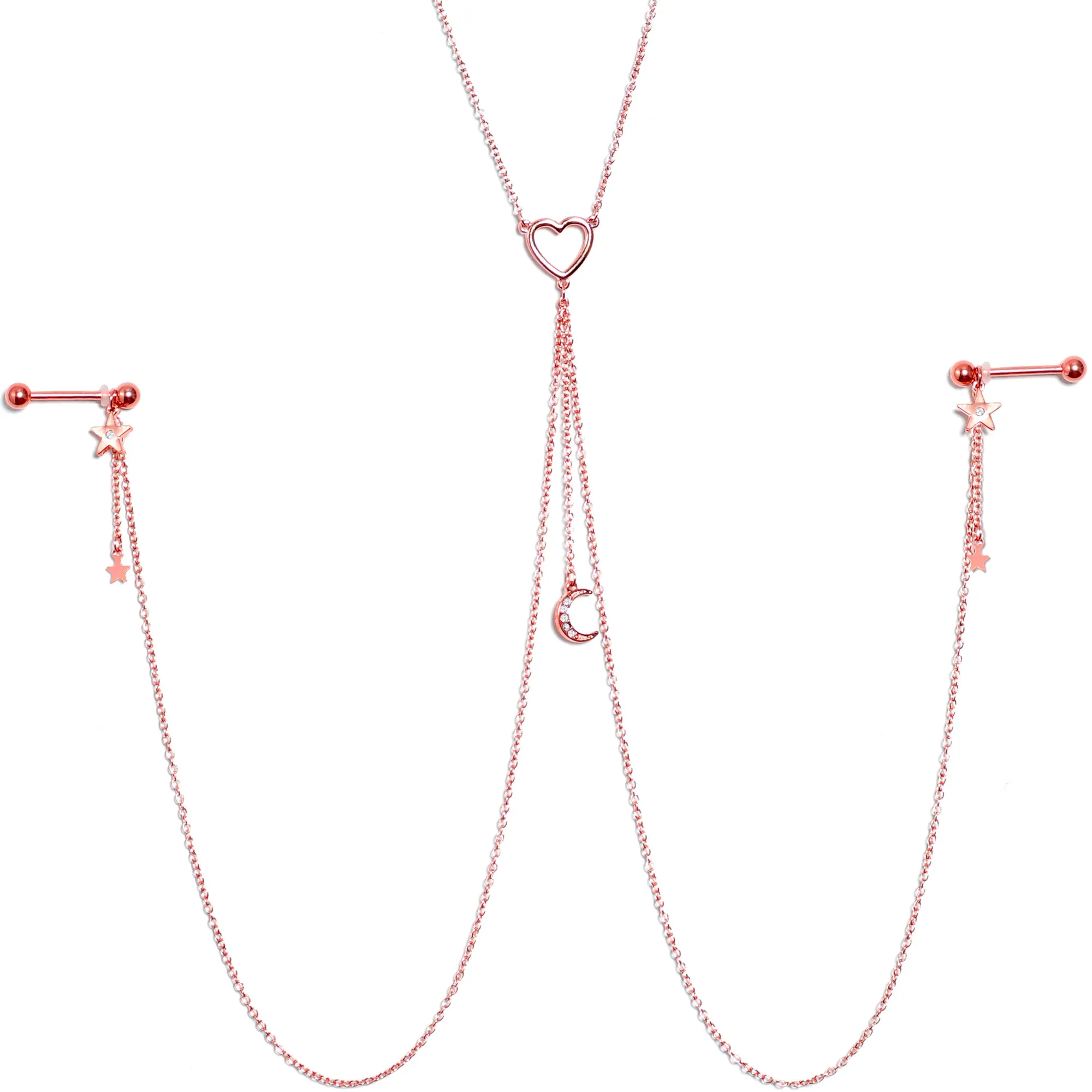 14 Gauge 5/8 Clear Gem Rose Gold Hue Star Moon Nipple Chain Necklace