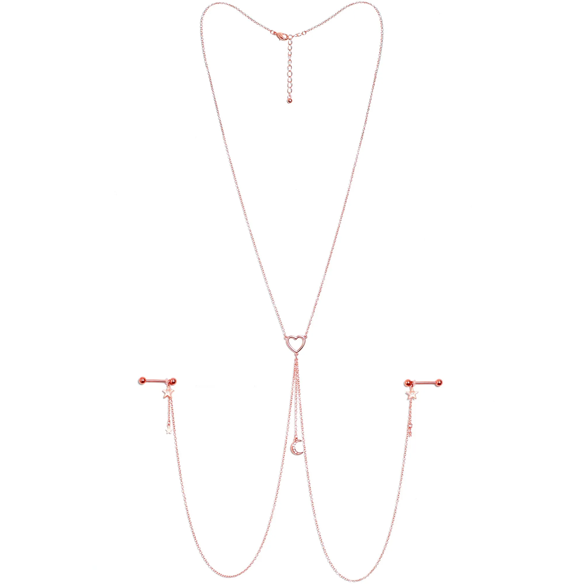 14 Gauge 5/8 Clear Gem Rose Gold Hue Star Moon Nipple Chain Necklace