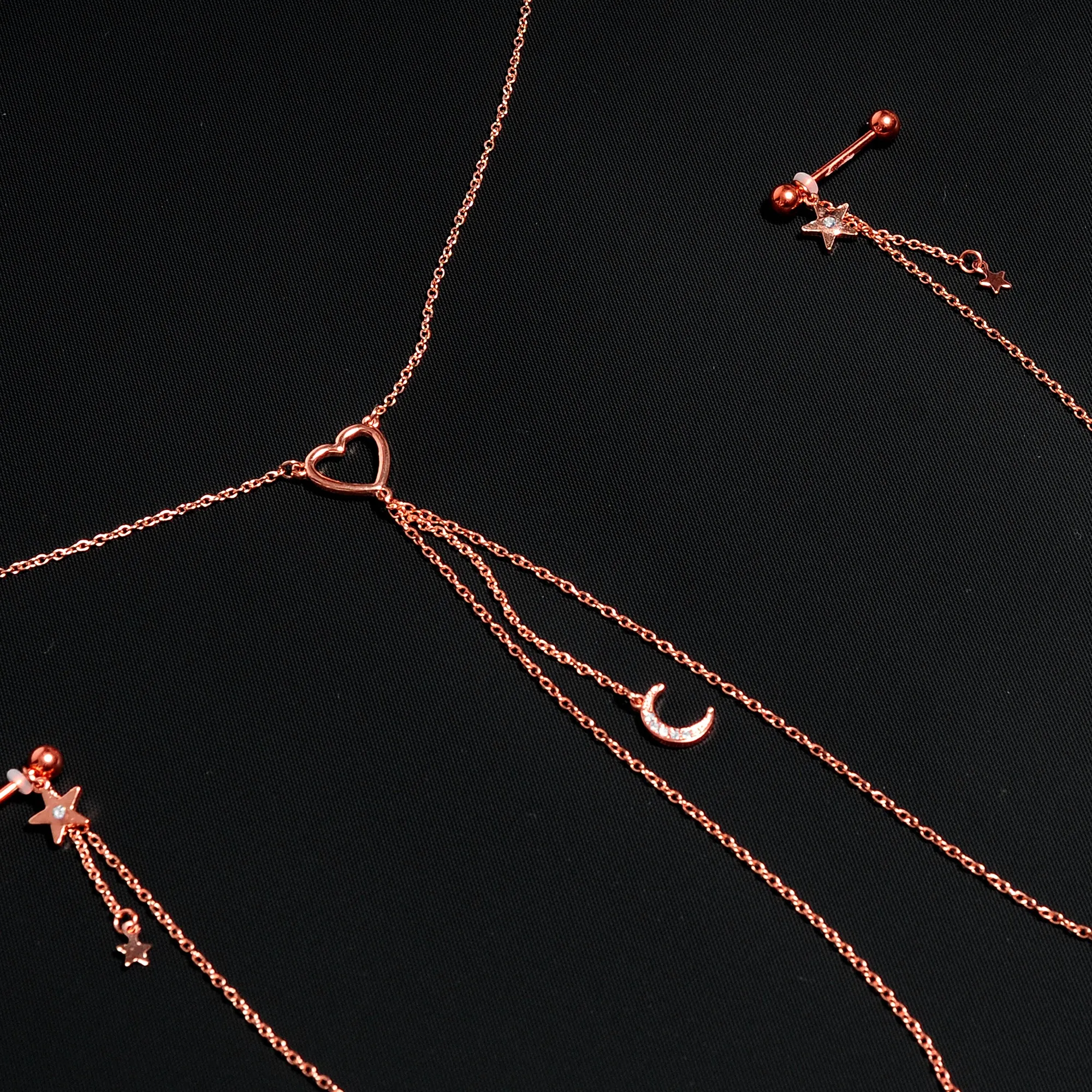 14 Gauge 5/8 Clear Gem Rose Gold Hue Star Moon Nipple Chain Necklace