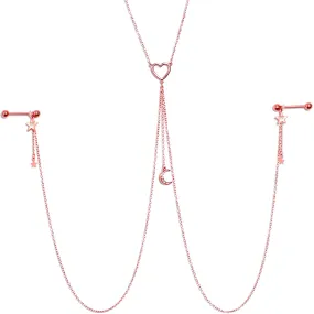14 Gauge 5/8 Clear Gem Rose Gold Hue Star Moon Nipple Chain Necklace