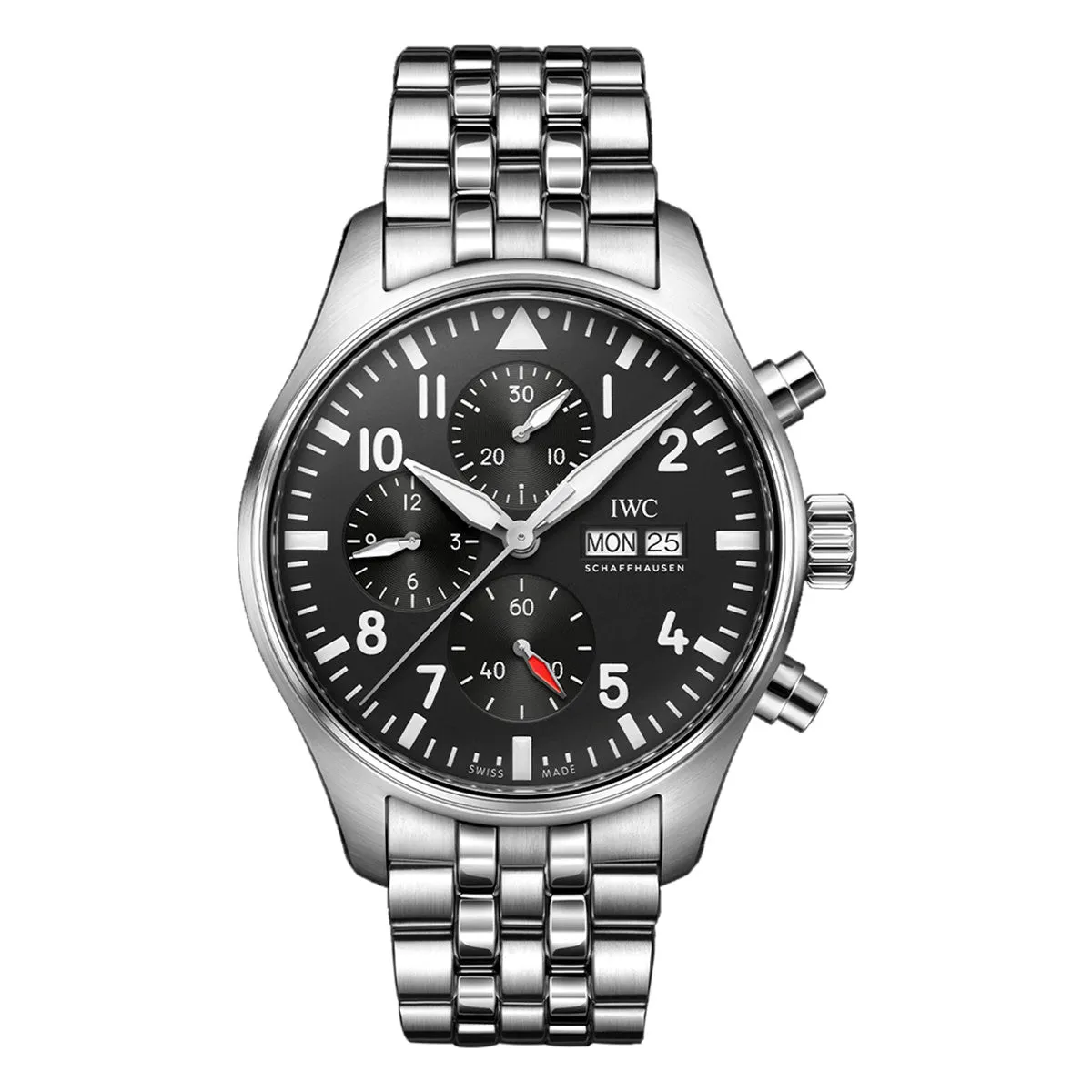 43MM SS PILOTS WATCH CHRONOGRAPH AUTO WITH BLACK ARABIC MARKER DAY/DATE DIAL AND BRACELET