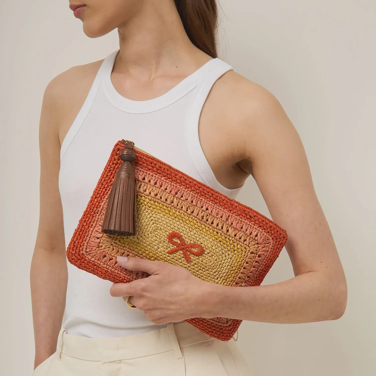 AH Tassel Bow Clutch in Orange Multi Raffia