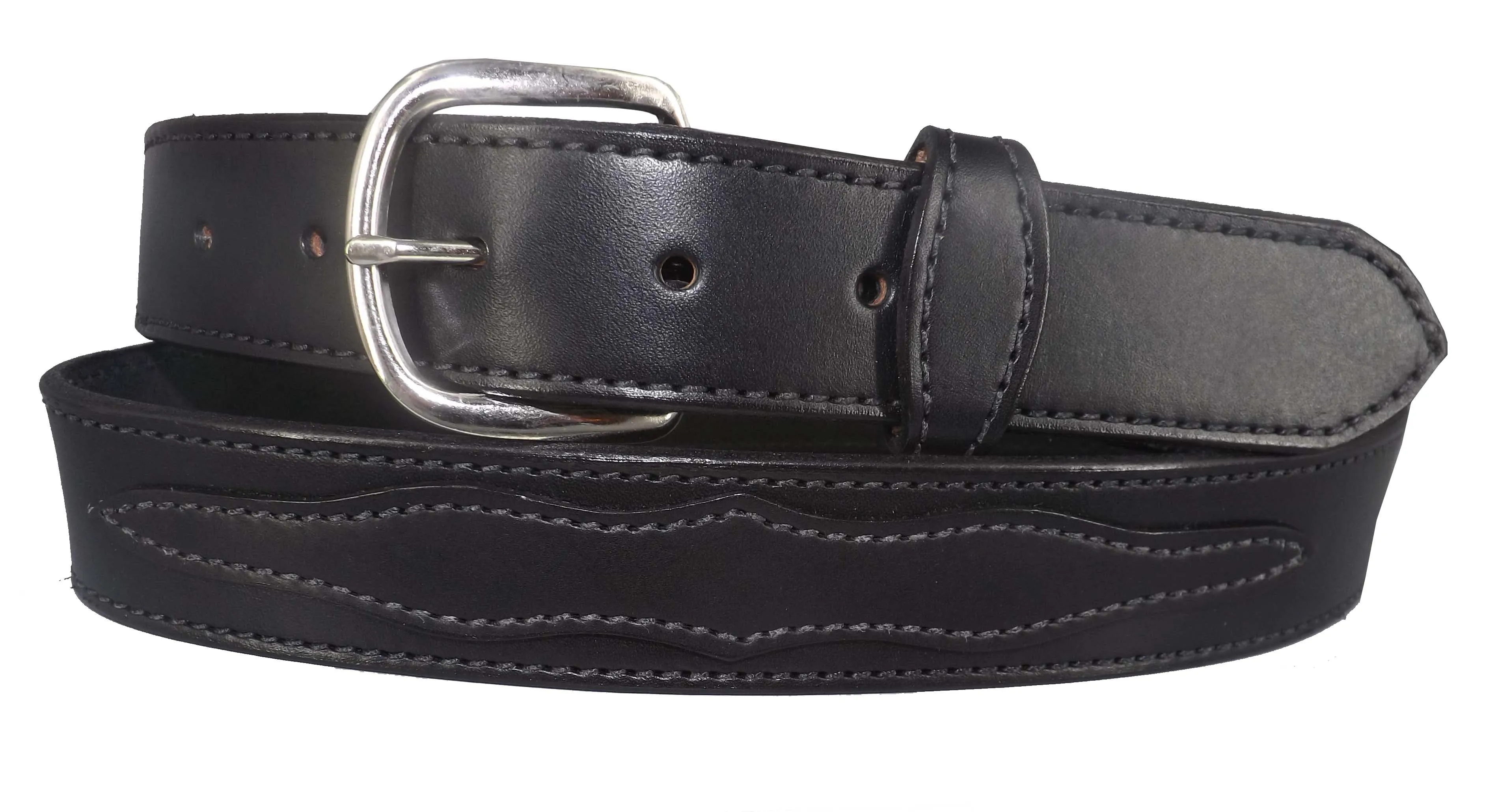 APPLIQUE WESTERN BELT - Black Decorative Stitched Bridle Leather