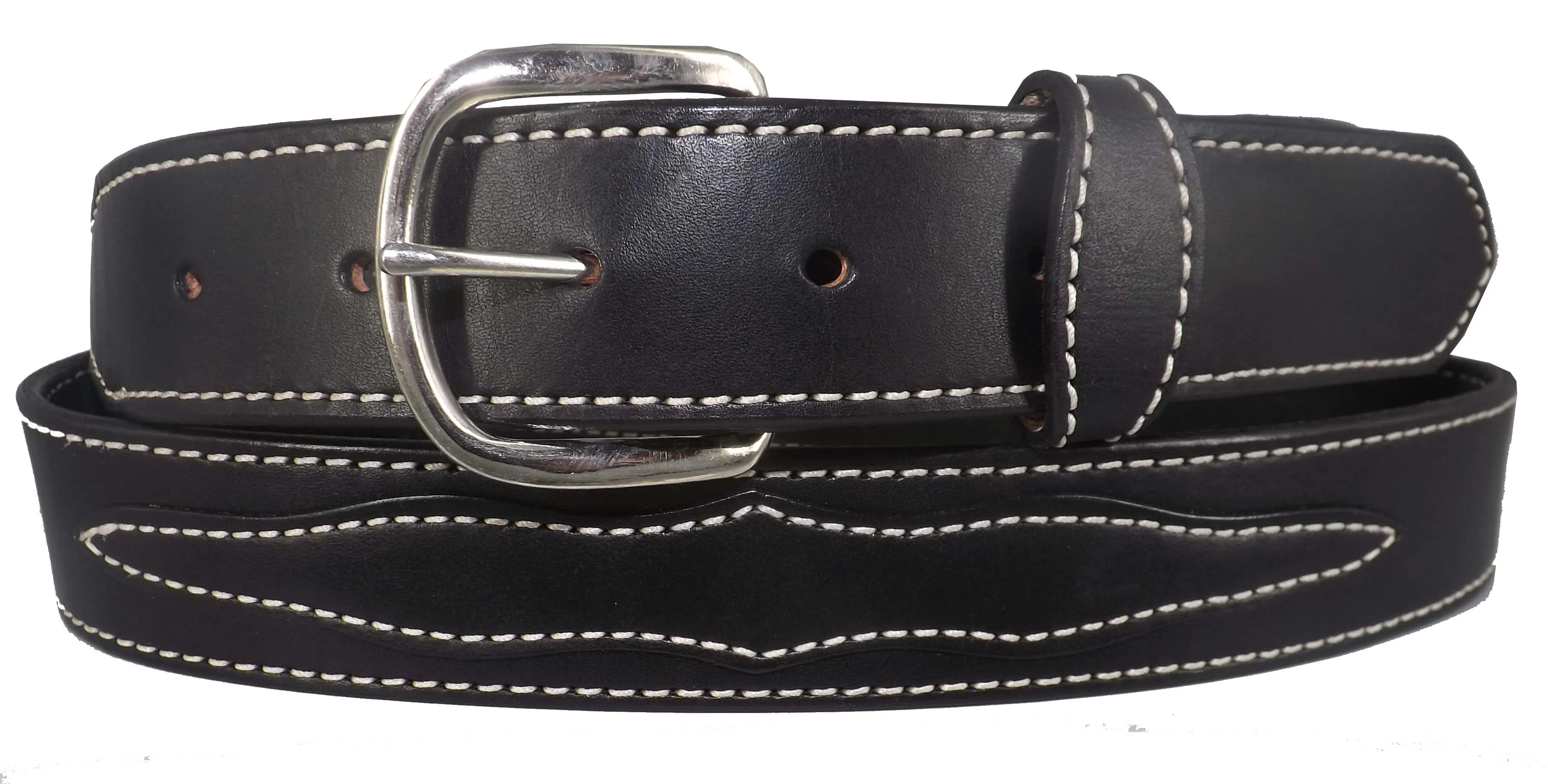 APPLIQUE WESTERN BELT - Black Decorative Stitched Bridle Leather