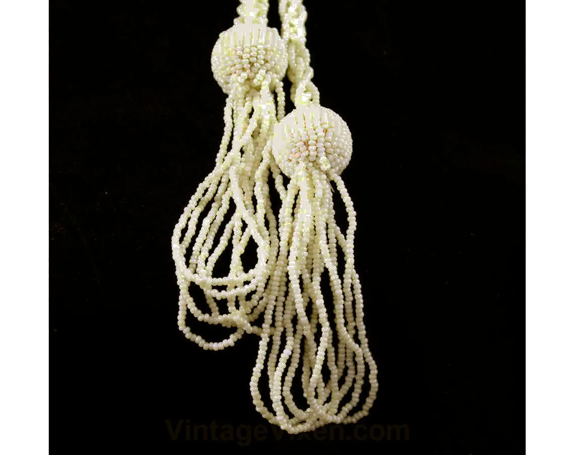 Beaded Belt with Fringe Tassels - Lovely Pearlescent Cream Glass Beads - Ivory Cream Hand Beaded Beauty - Size 4 to 12 - Small Medium Large