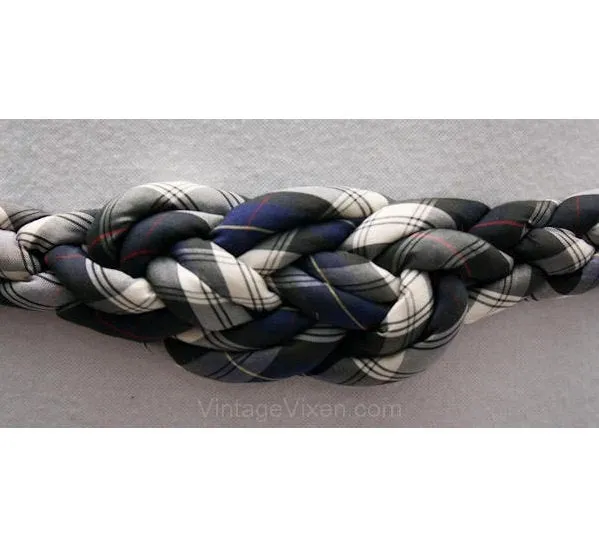 Beautiful 50s Look Braided Navy Silk Plaid Belt - Medium - Large - XL - Size 9 to 16 - Fall Autumn Tartan Plaid - Imported - 37678