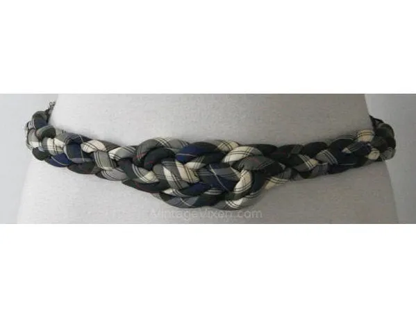 Beautiful 50s Look Braided Navy Silk Plaid Belt - Medium - Large - XL - Size 9 to 16 - Fall Autumn Tartan Plaid - Imported - 37678
