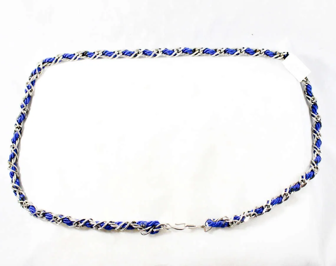 Beautiful Indigo Blue Spiral Cord Gold Chain Hip Belt - Any Size - Summer Waist Jewelry - Accessocraft NOS - 1960s Woven Brass Links