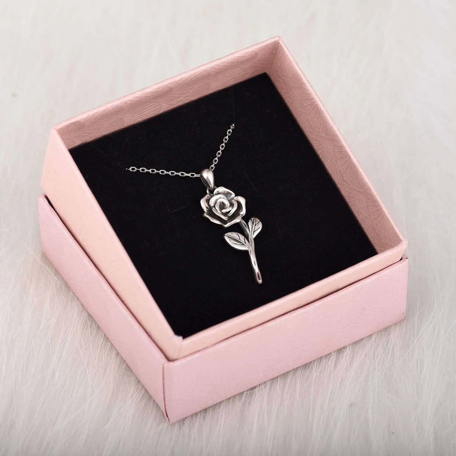 BEILIN 925 Sterling Silver Rose Flower Necklace Ring Jewelry Gift for Women her