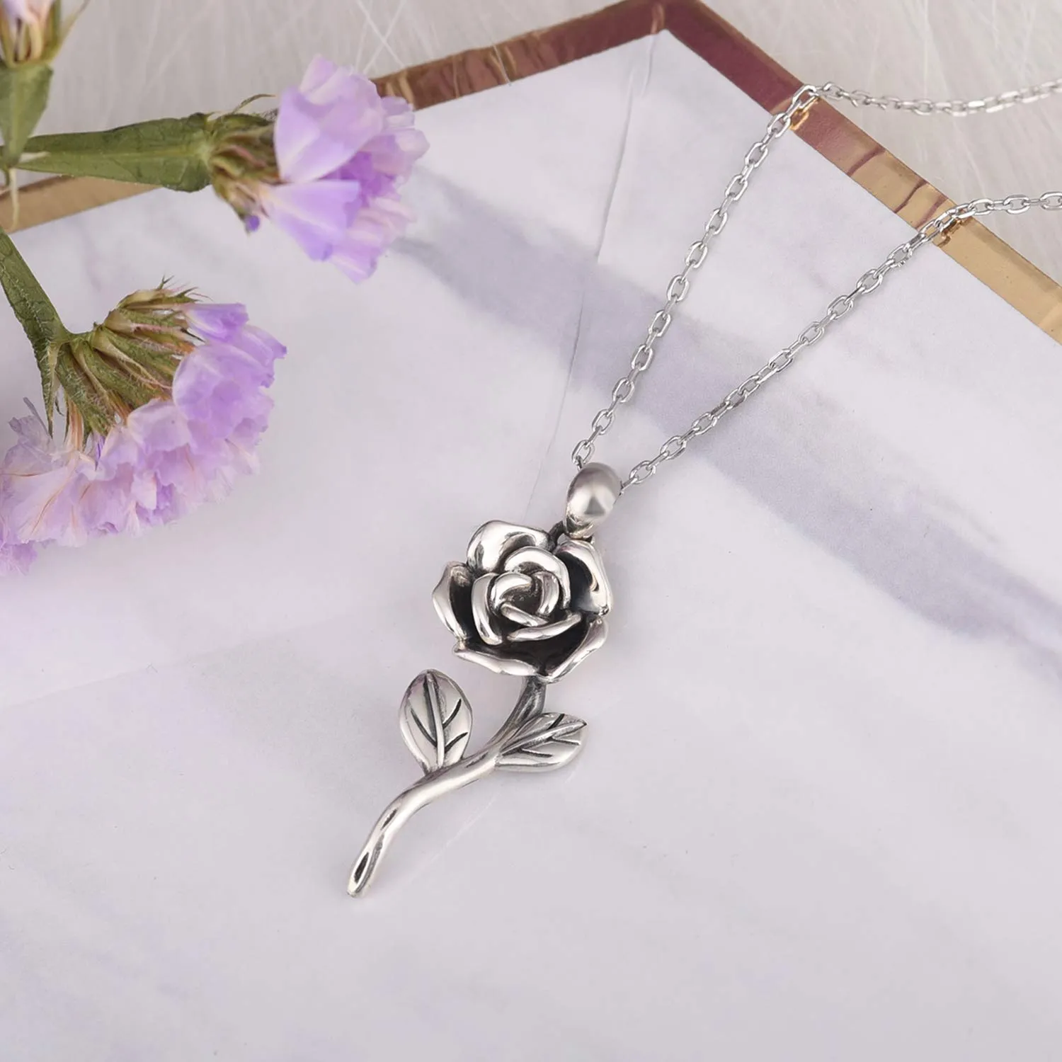 BEILIN 925 Sterling Silver Rose Flower Necklace Ring Jewelry Gift for Women her