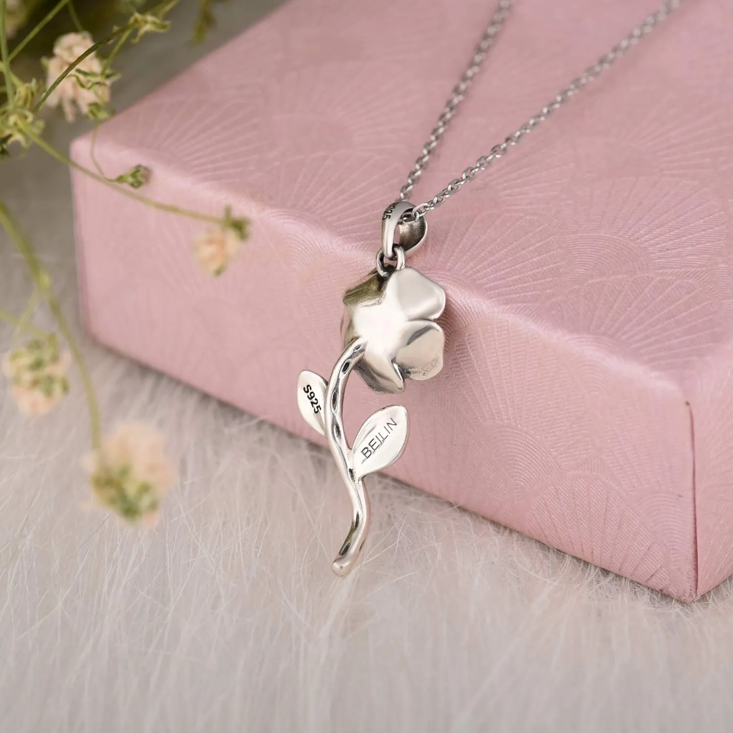 BEILIN 925 Sterling Silver Rose Flower Necklace Ring Jewelry Gift for Women her