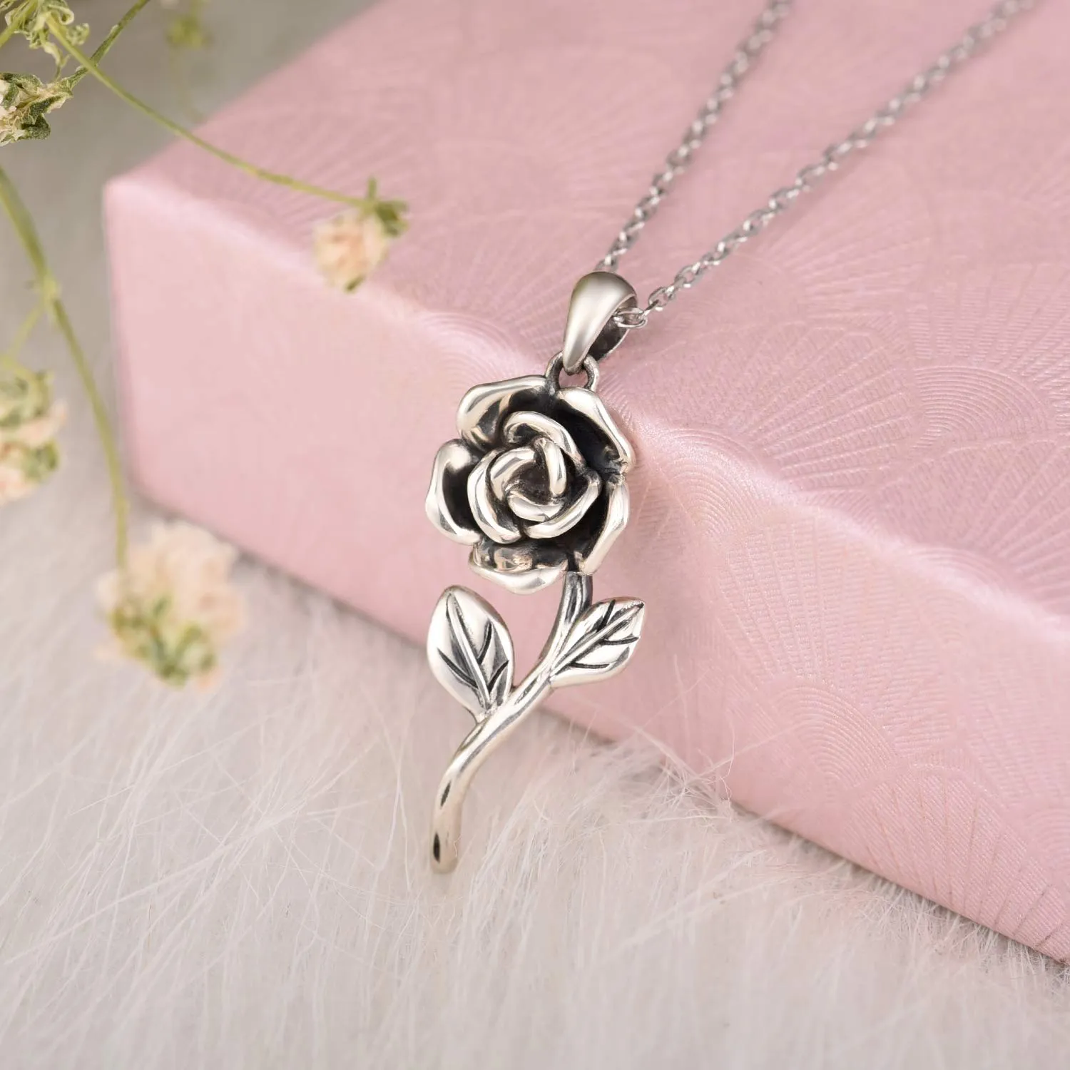 BEILIN 925 Sterling Silver Rose Flower Necklace Ring Jewelry Gift for Women her
