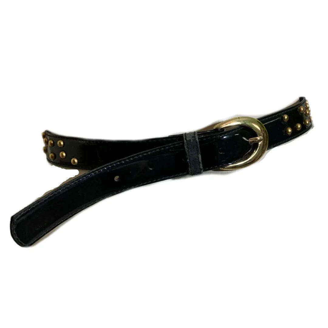 Black Patent Skinny Vinyl Belt with Gold Metal Studs circa 1980s