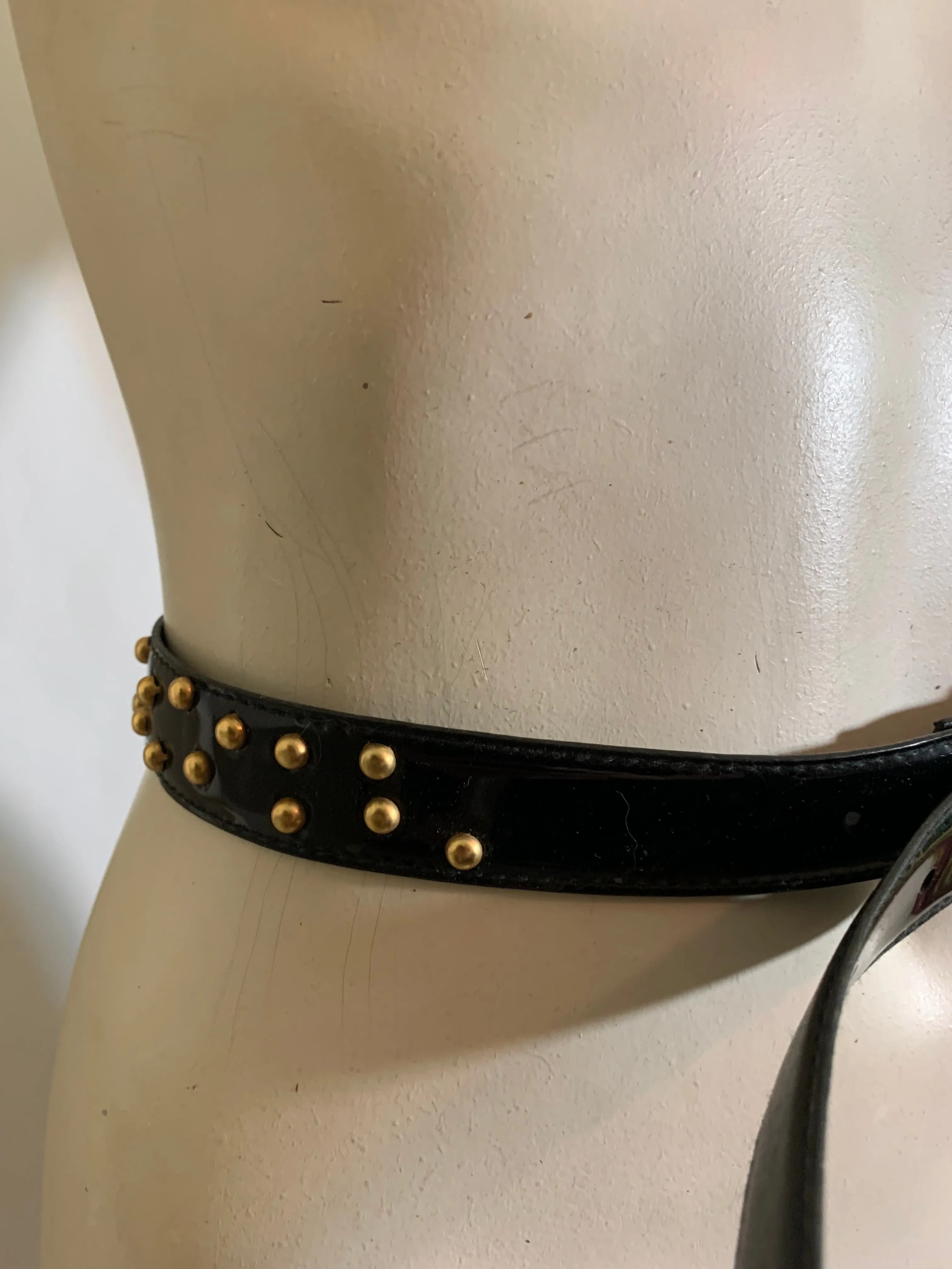 Black Patent Skinny Vinyl Belt with Gold Metal Studs circa 1980s