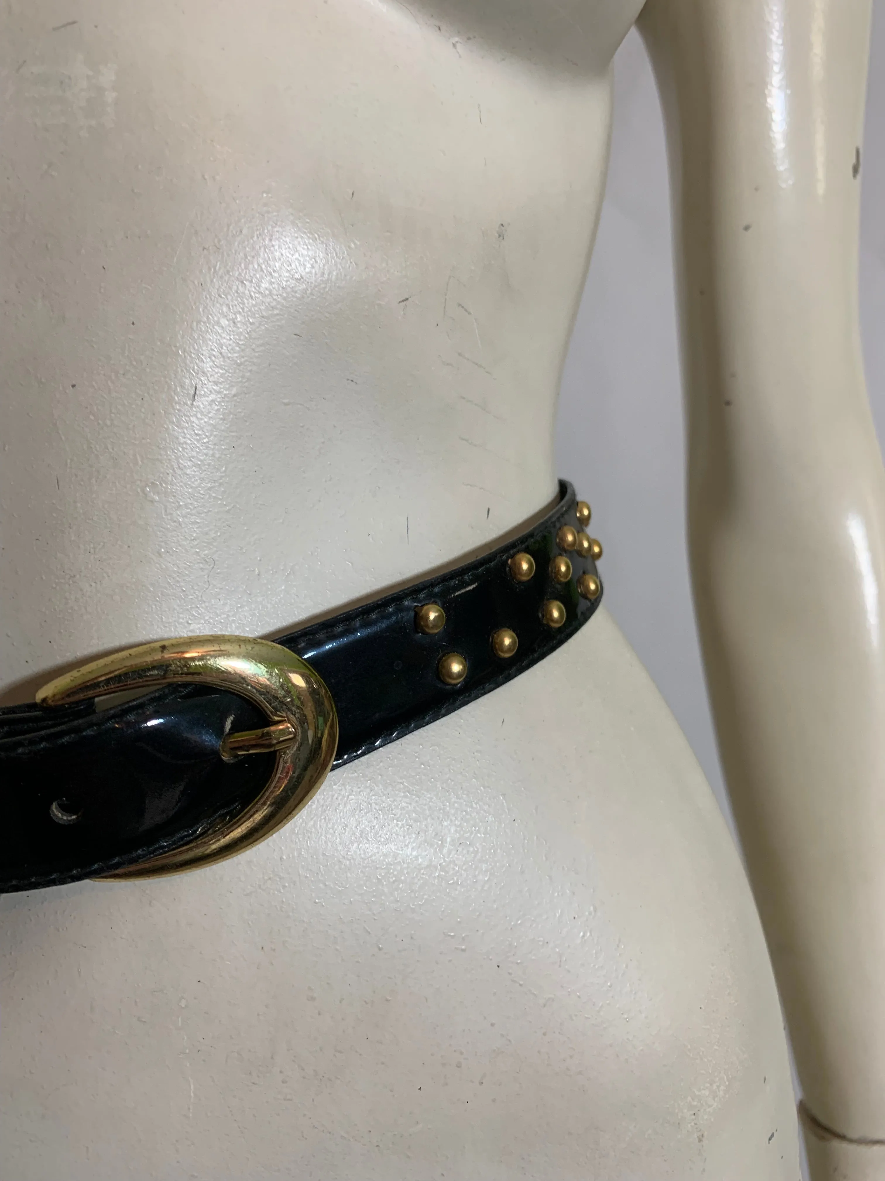 Black Patent Skinny Vinyl Belt with Gold Metal Studs circa 1980s