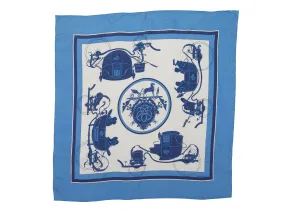Blue & White Hermes Ex Libris Motif Printed Silk Scarf