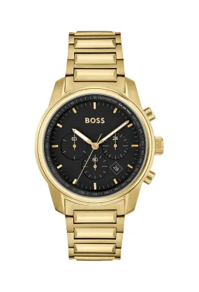 BOSS  Mens Trace Black Chronograph Dial Bracelet Watch Gold Plated *