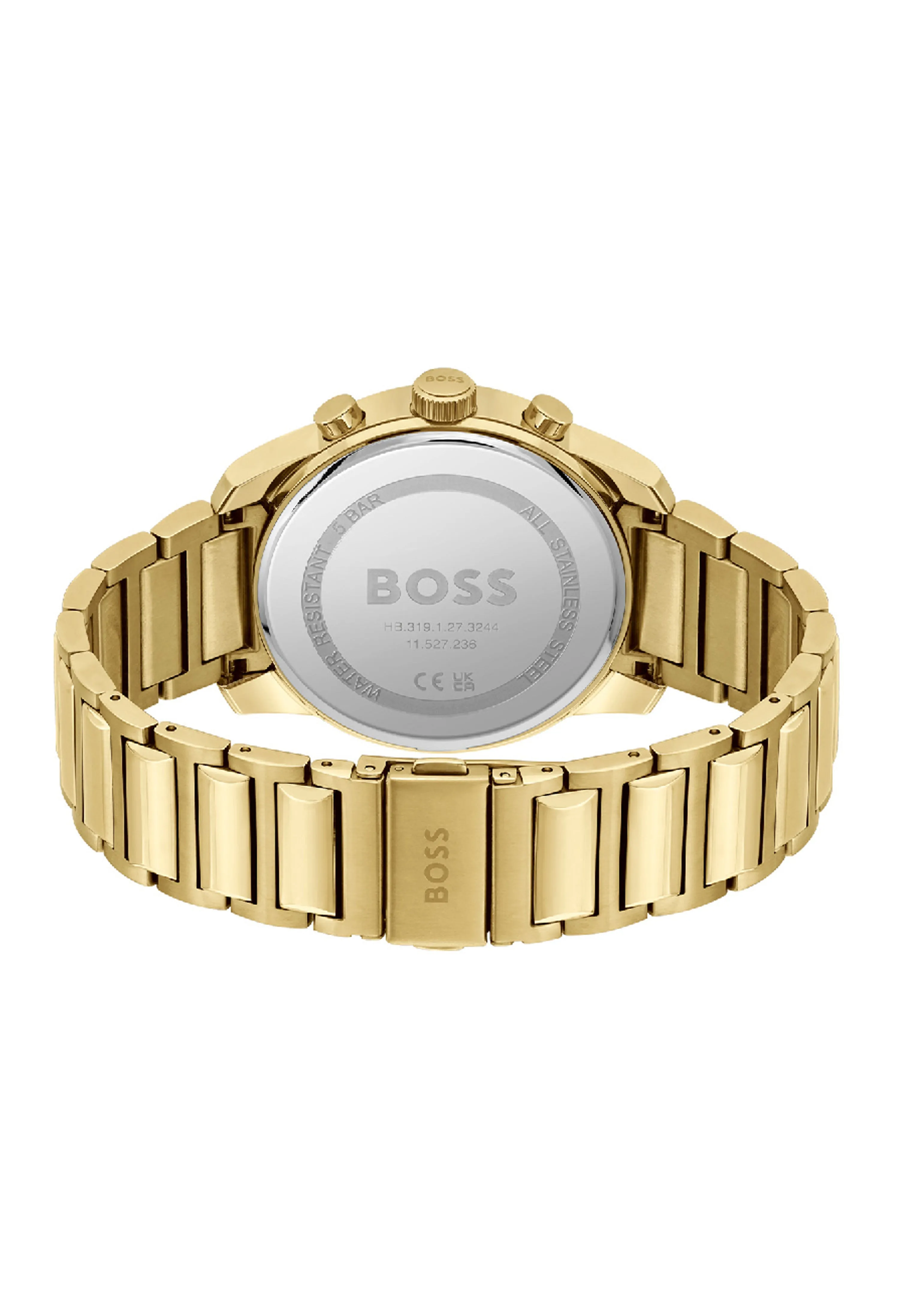 BOSS  Mens Trace Black Chronograph Dial Bracelet Watch Gold Plated *