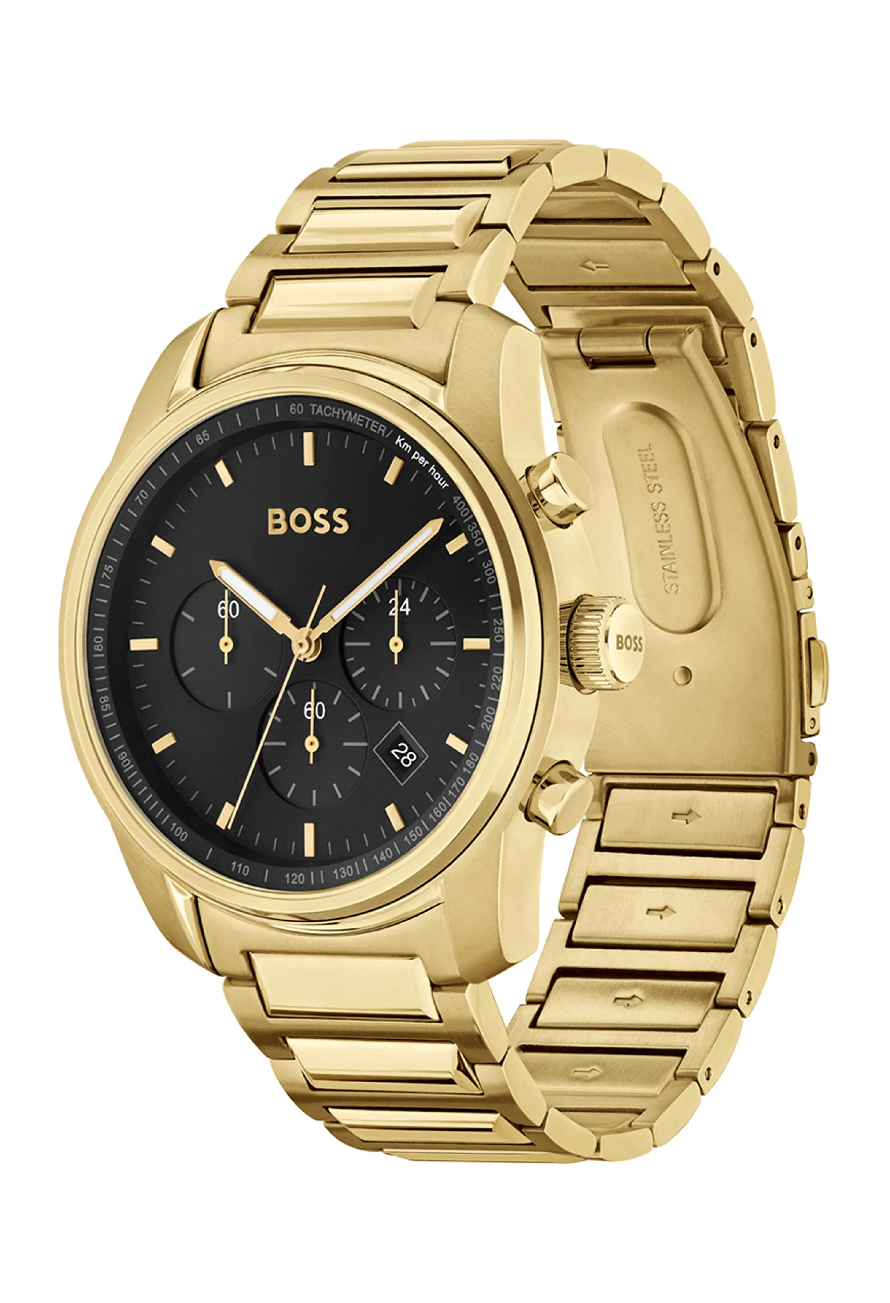 BOSS  Mens Trace Black Chronograph Dial Bracelet Watch Gold Plated *