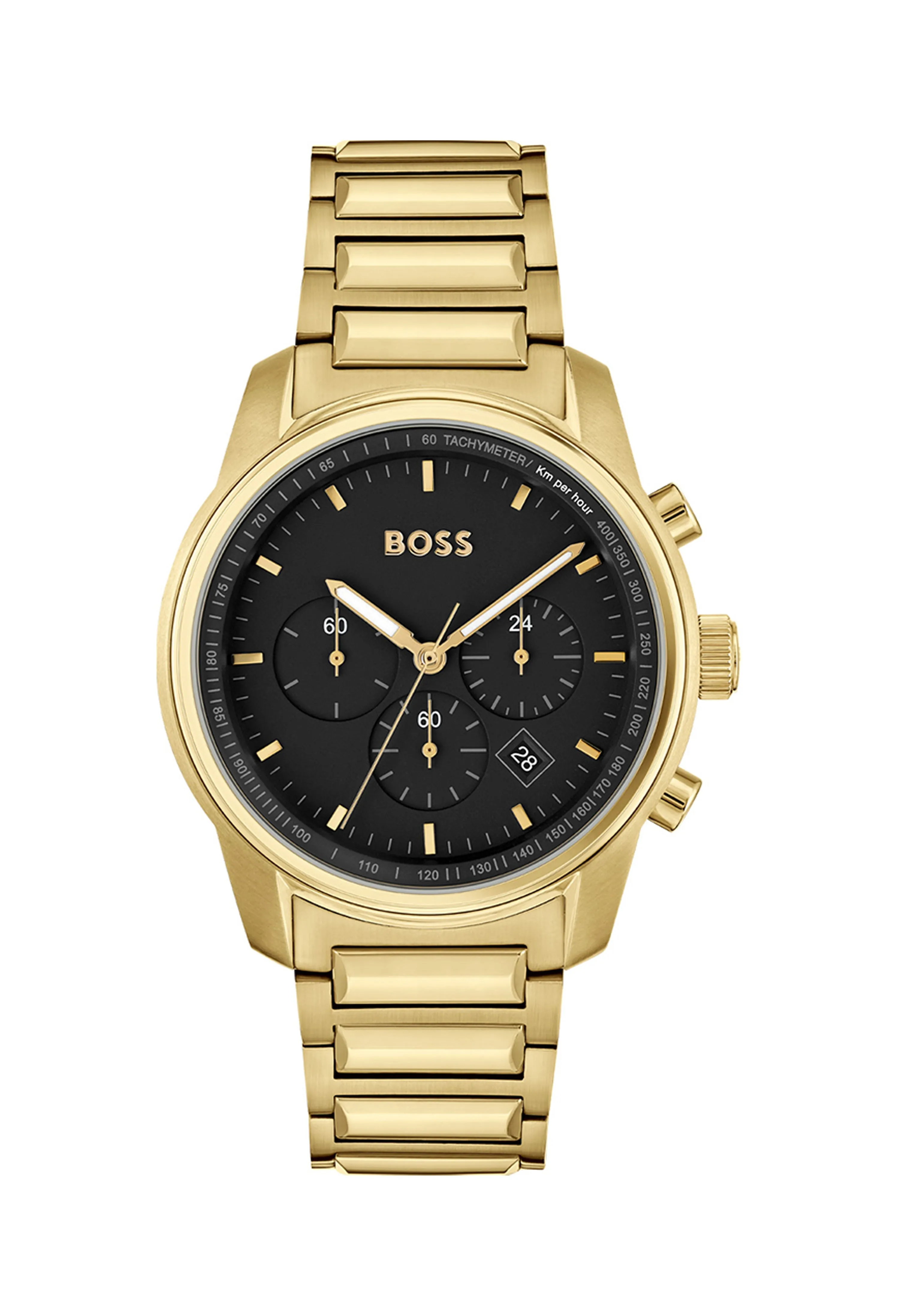 BOSS  Mens Trace Black Chronograph Dial Bracelet Watch Gold Plated *