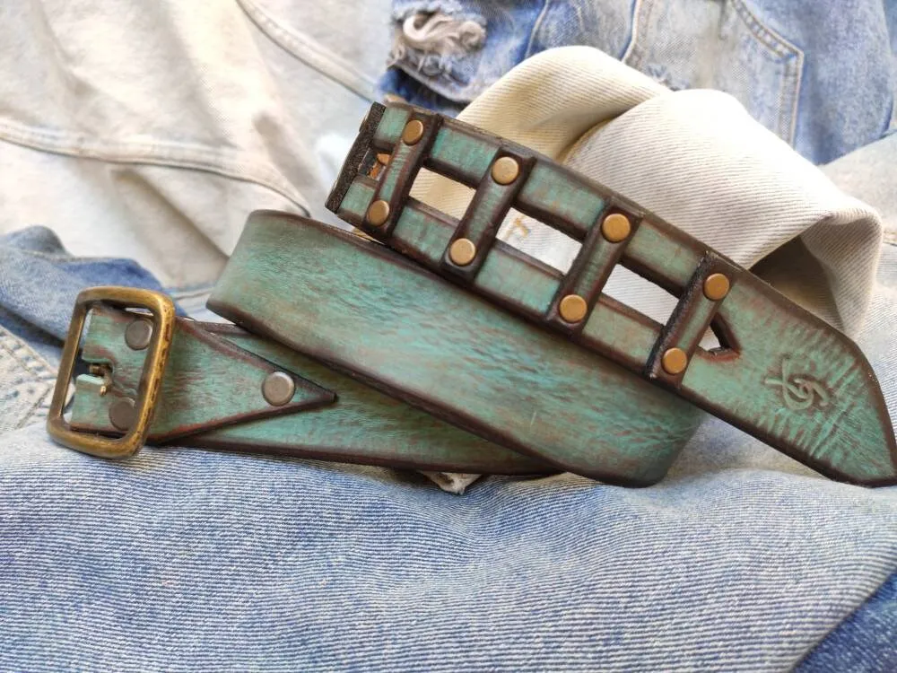 Crafted Blue Leather Belt for Men and Women - Personalized Custom Gift Unique Boho Style