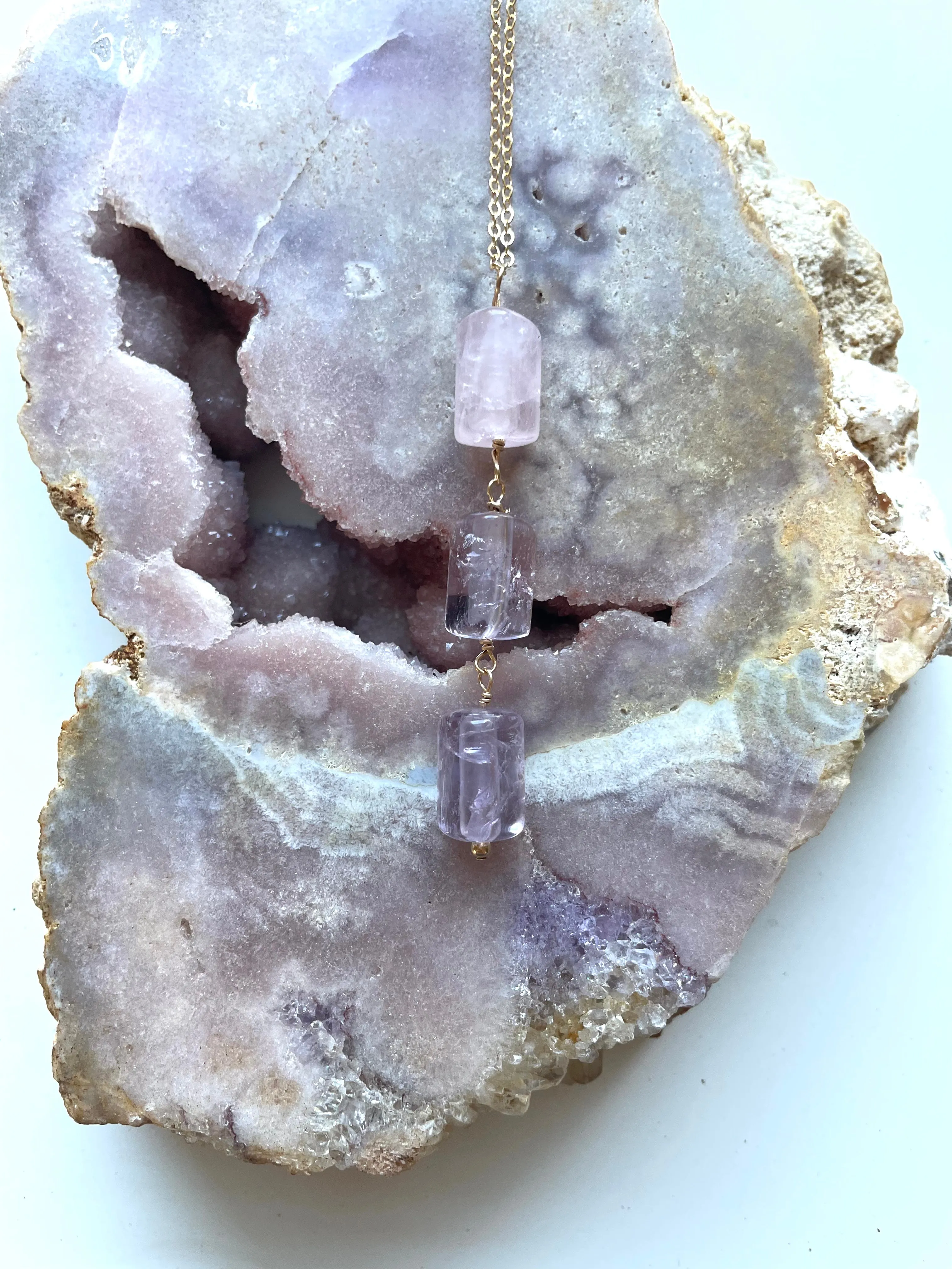 Crystal Gemstone Lariat Rose Quartz and Amethyst