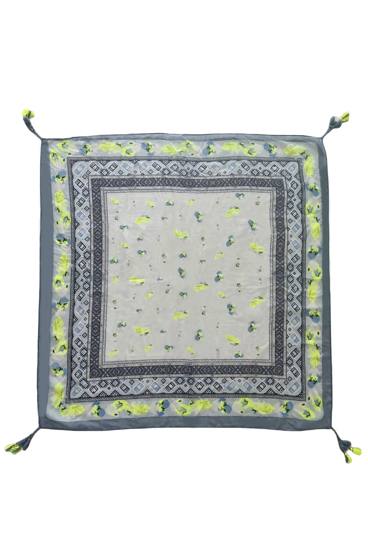Delicate Feather Border Print Square Tassel Scarf