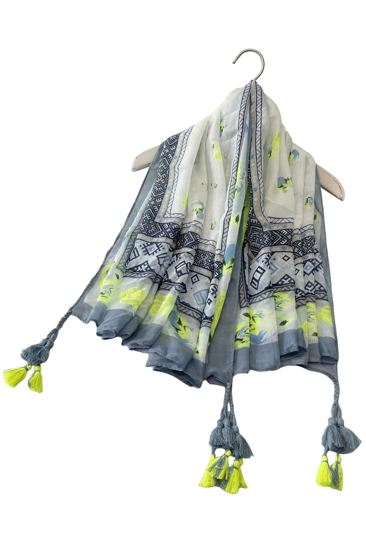 Delicate Feather Border Print Square Tassel Scarf