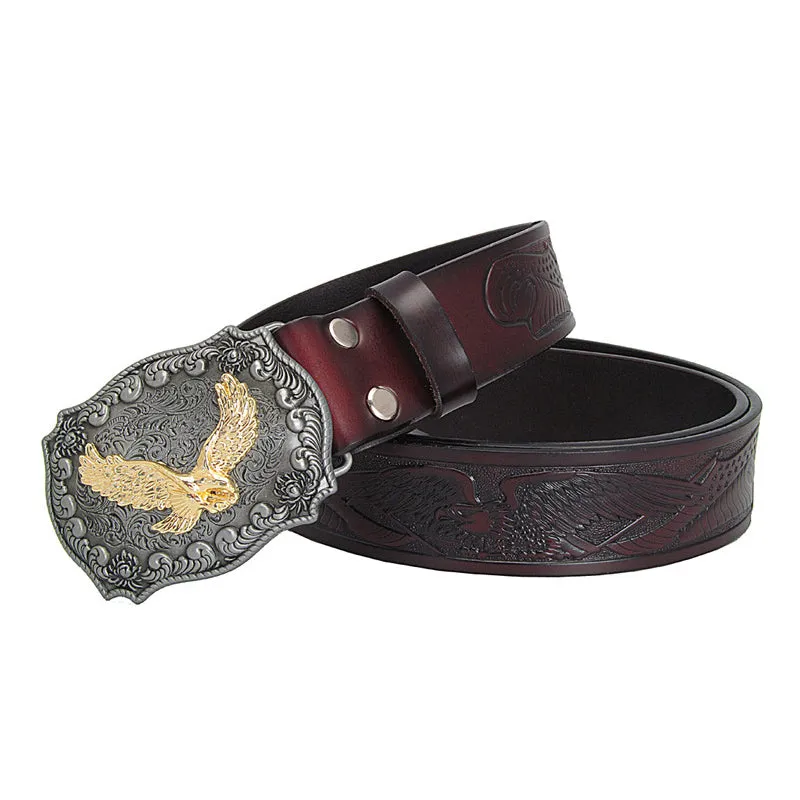 Eagle Totem Copper Smooth Buckle Men Vintage Style Leather Belt