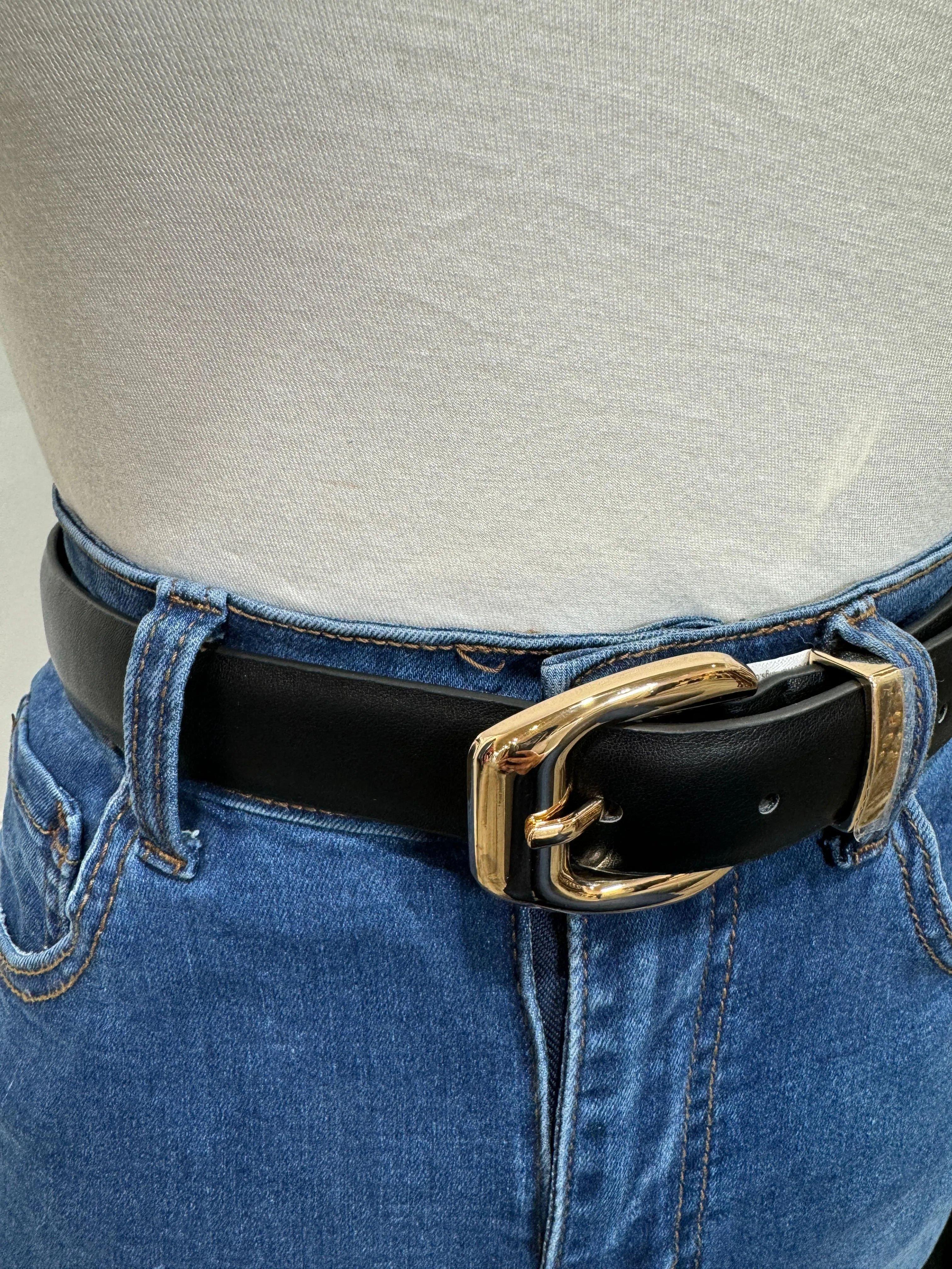 Elina - Black Leather Belt with Gold Buckle