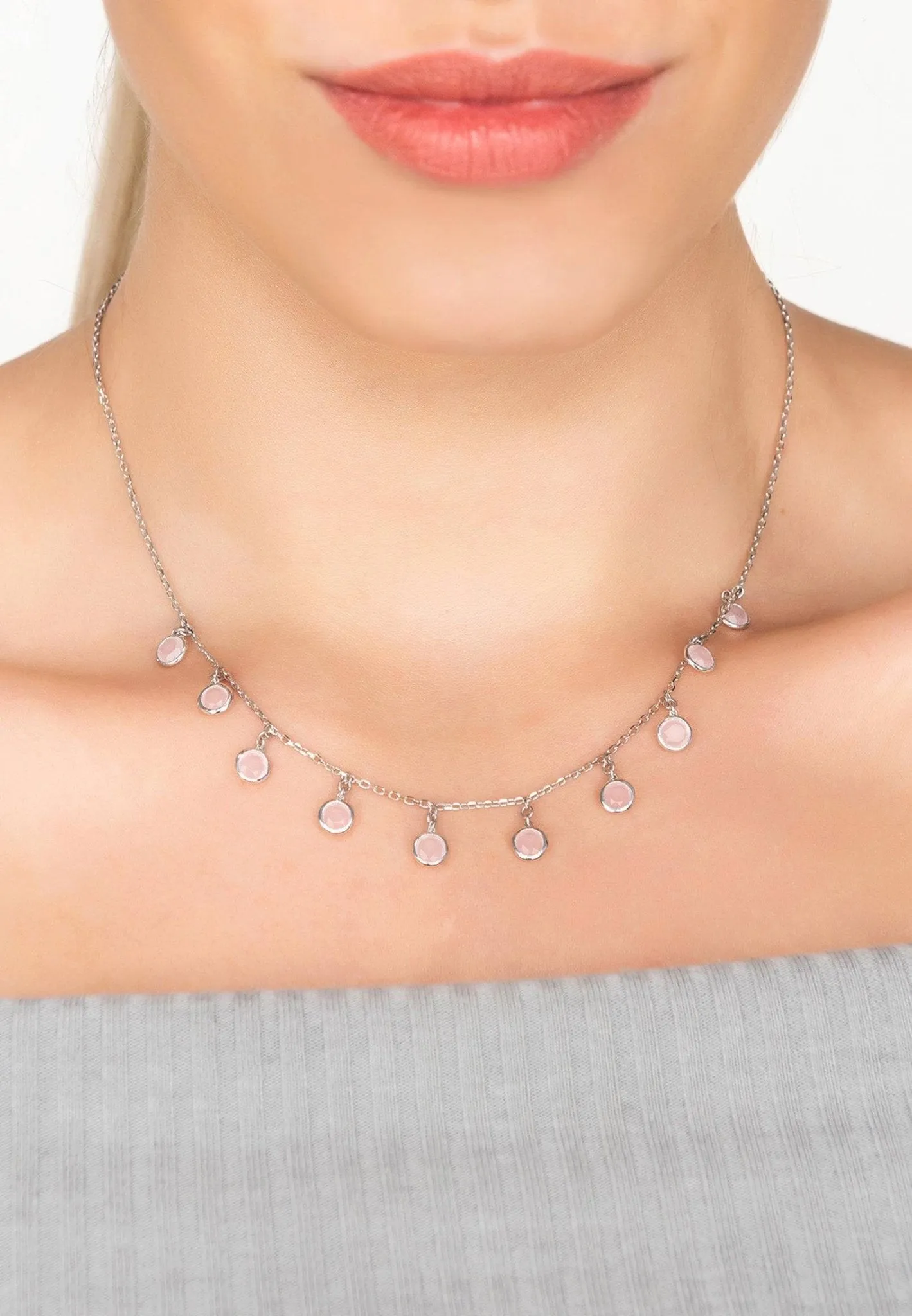 Florence Round Gemstone Necklace Silver Rose Quartz