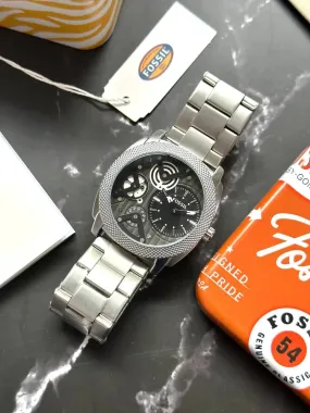 Fossil Men's Watch 45mm Chronograph - Full Silver Stainless Steel, Black Dial, High-Quality