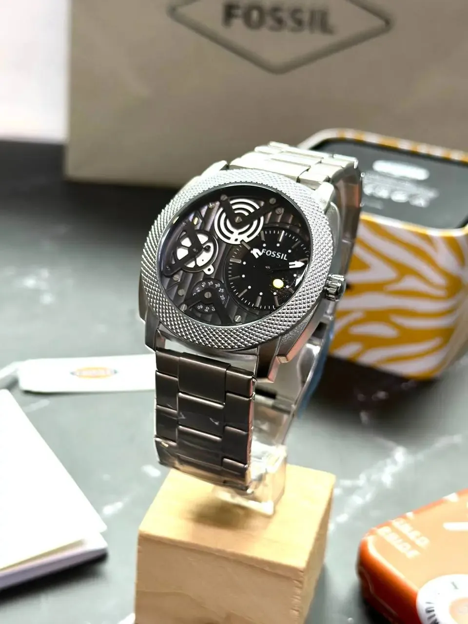 Fossil Men's Watch 45mm Chronograph - Full Silver Stainless Steel, Black Dial, High-Quality