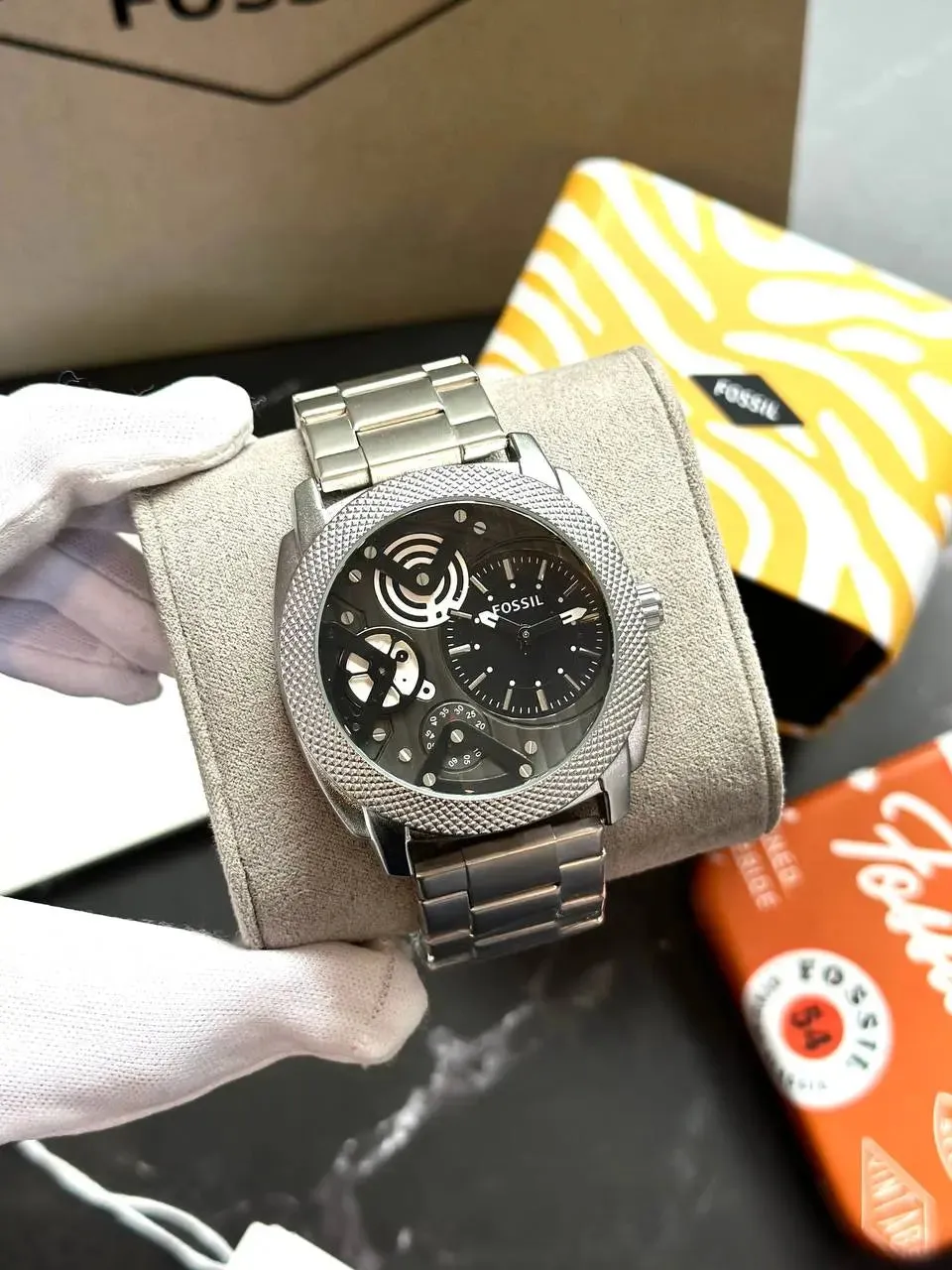 Fossil Men's Watch 45mm Chronograph - Full Silver Stainless Steel, Black Dial, High-Quality