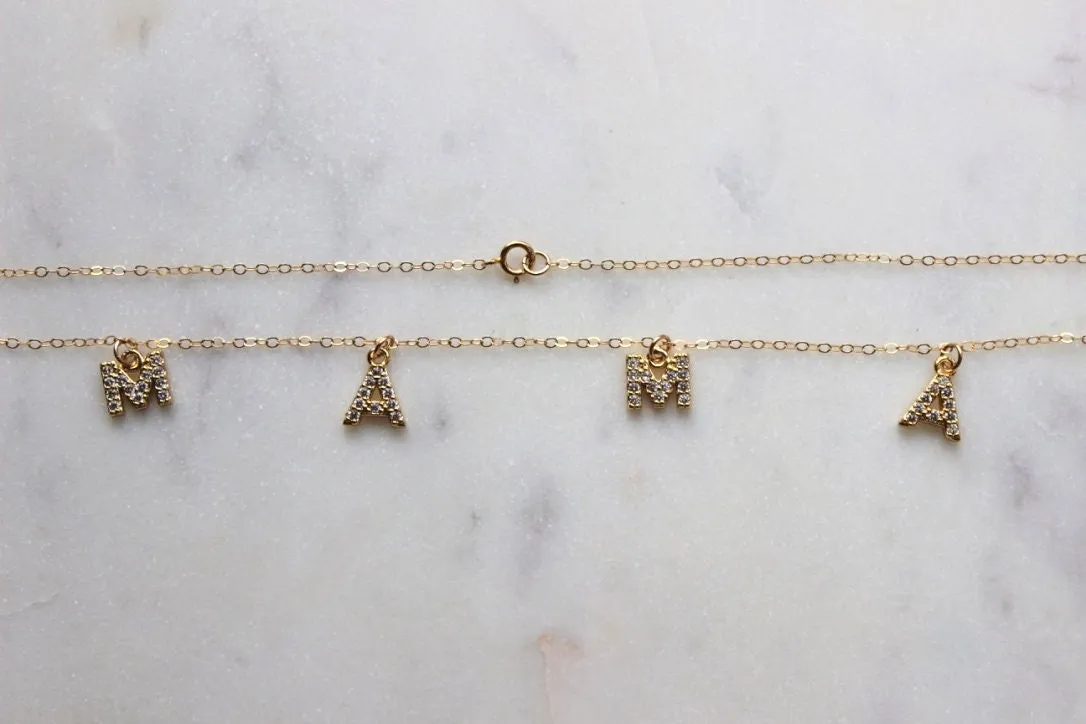 Gold Mama Necklace, Crystal Mama Necklace, Gold Name Necklace, Mothers Day Jewelry, Gift For Mom, Custom Name Necklace, Mama Letter Necklace