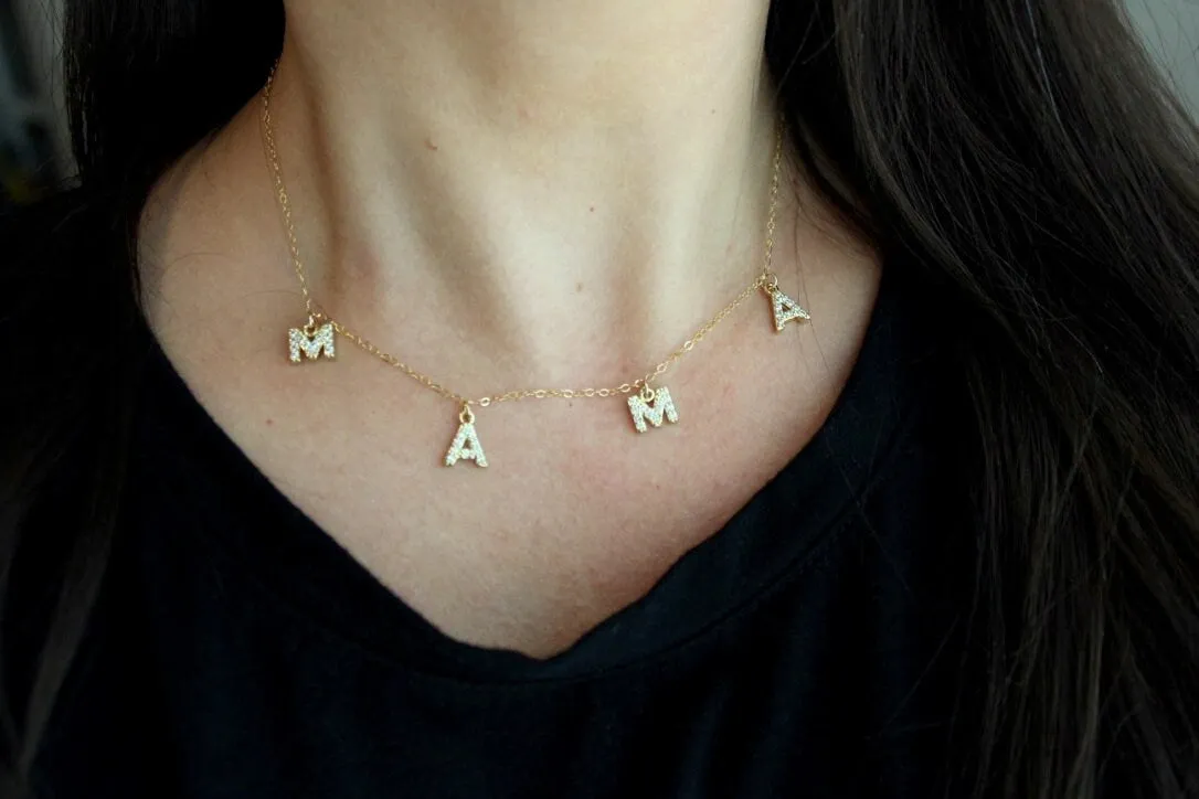 Gold Mama Necklace, Crystal Mama Necklace, Gold Name Necklace, Mothers Day Jewelry, Gift For Mom, Custom Name Necklace, Mama Letter Necklace