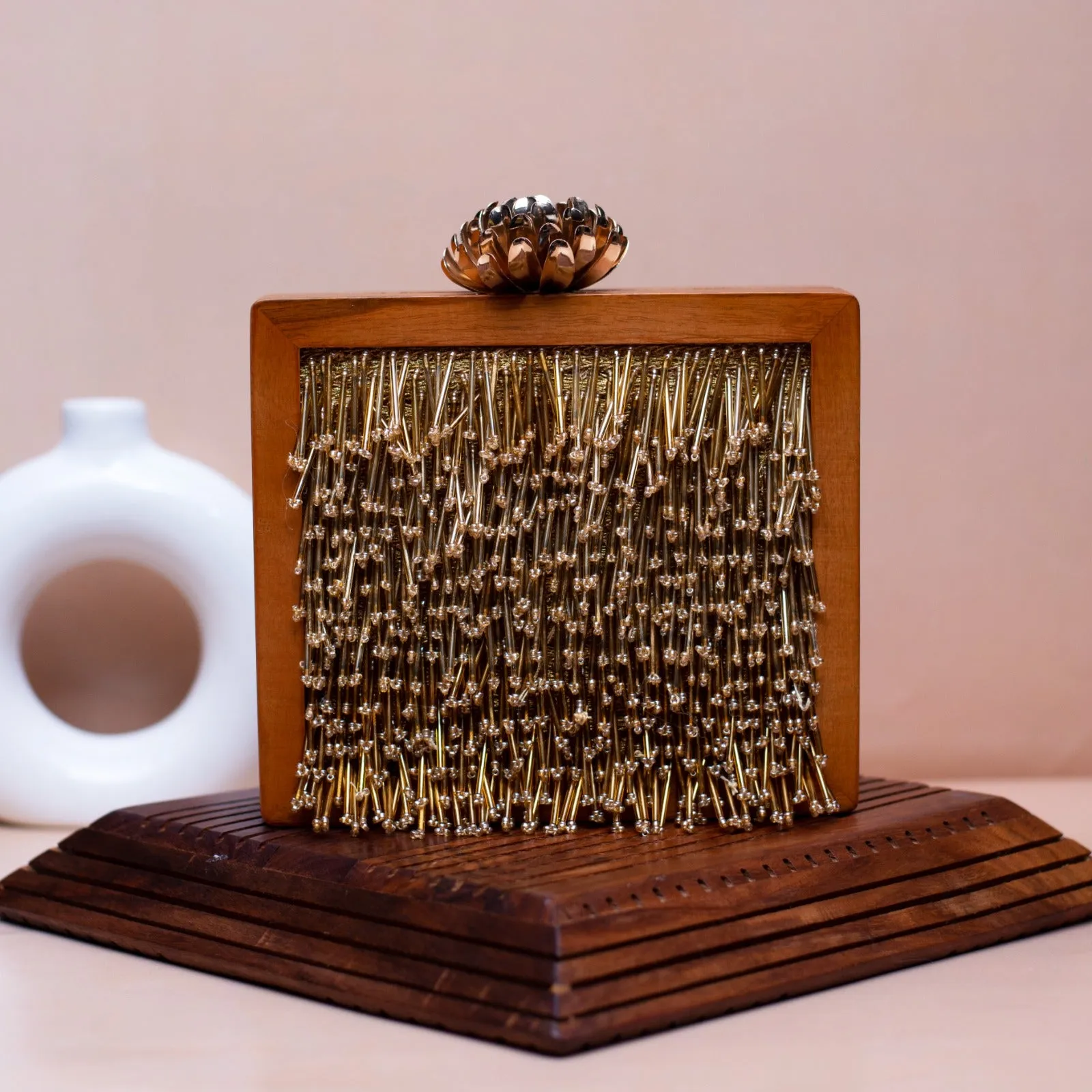 Golden Tassel Embellished Wooden Clutch