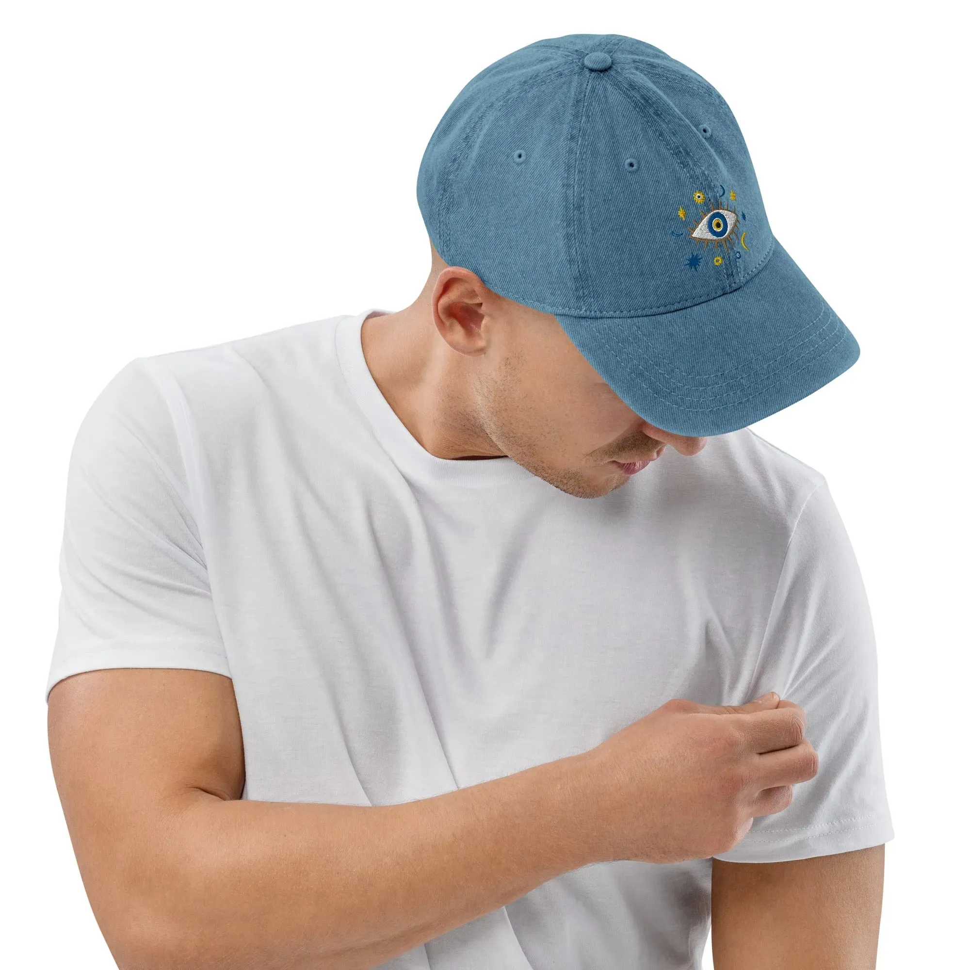 Greek Evil Eye Embroidered Denim Dad Hat