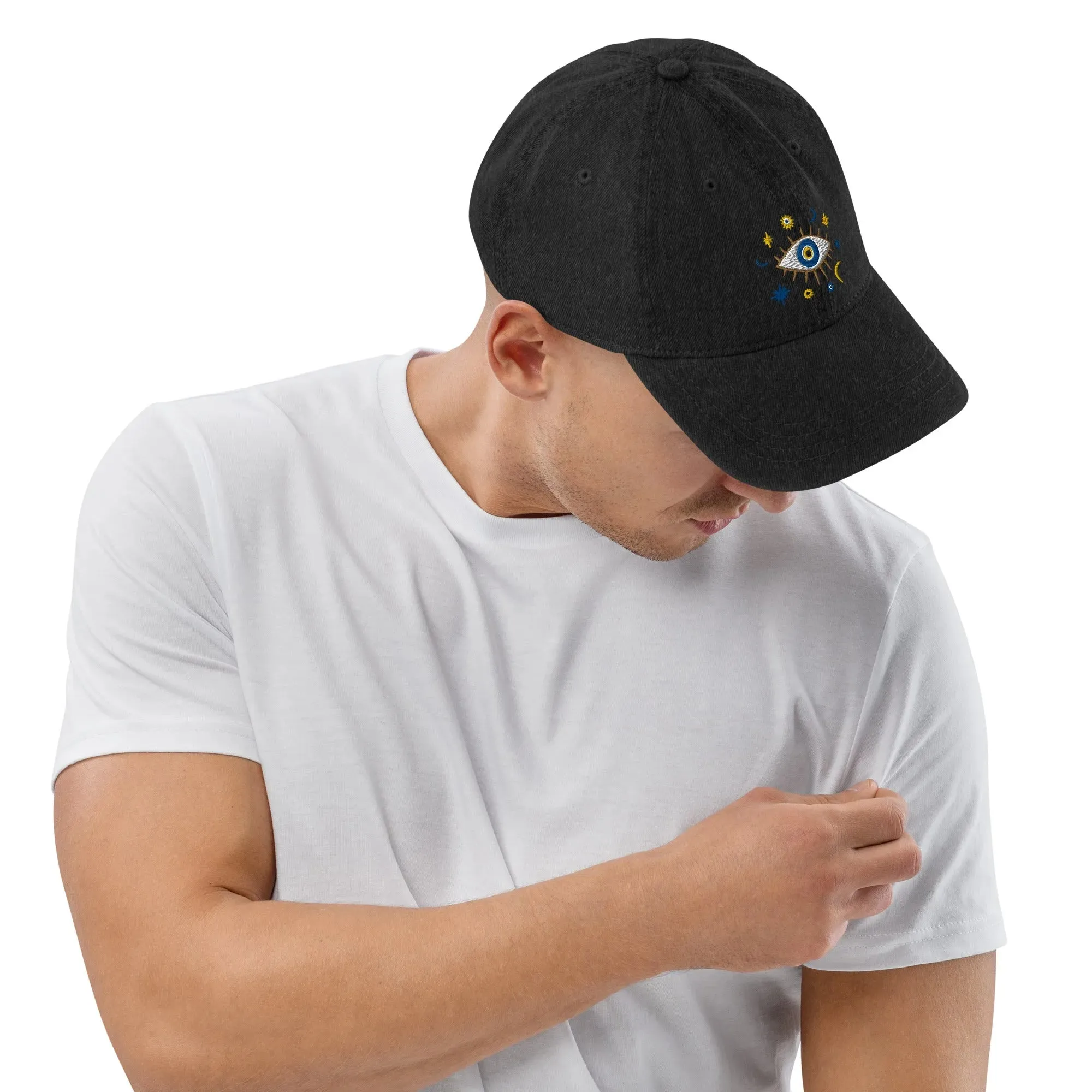 Greek Evil Eye Embroidered Denim Dad Hat