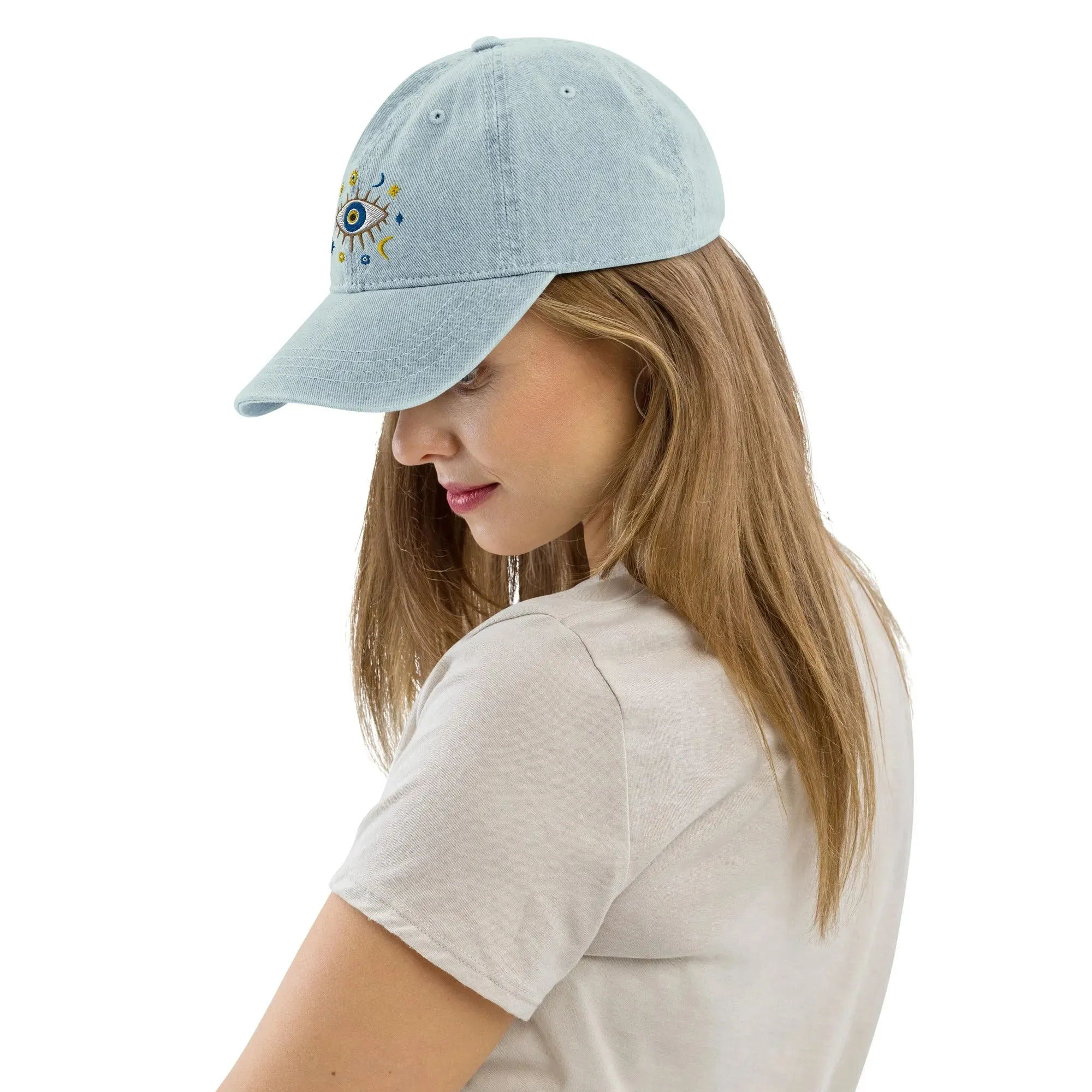 Greek Evil Eye Embroidered Denim Dad Hat