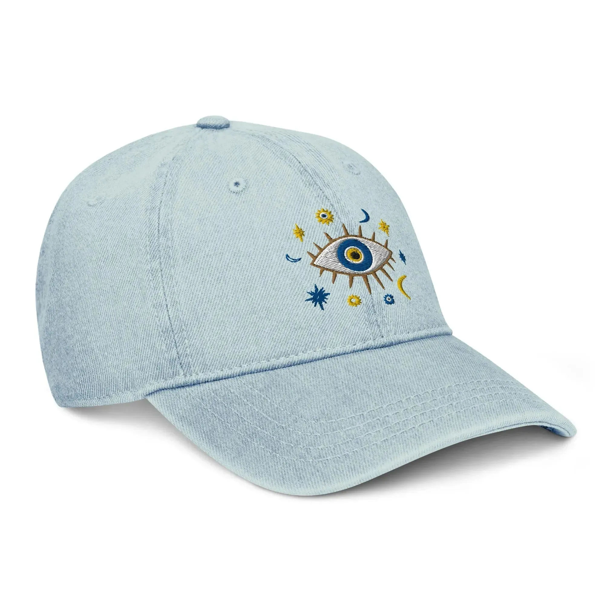 Greek Evil Eye Embroidered Denim Dad Hat