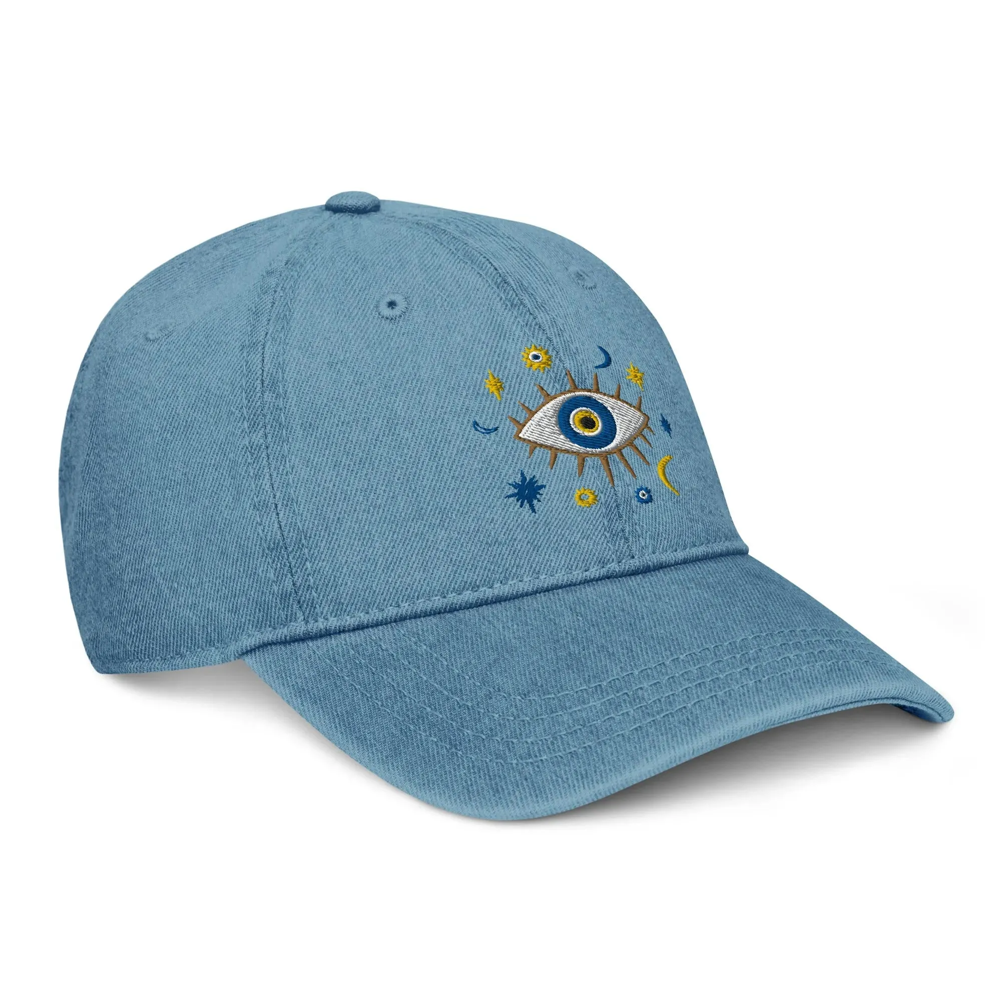 Greek Evil Eye Embroidered Denim Dad Hat