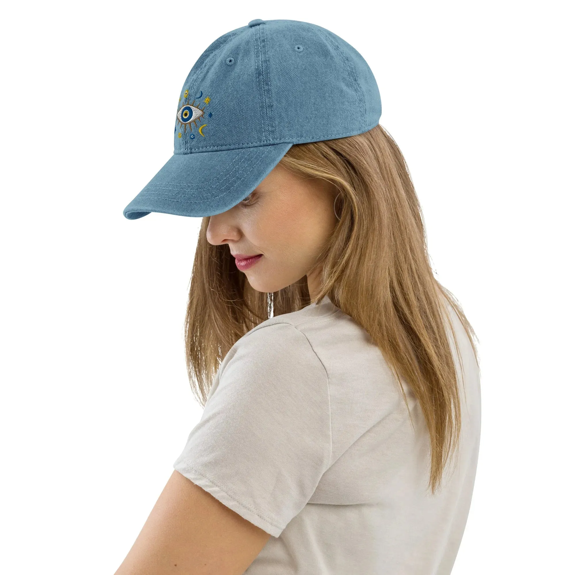 Greek Evil Eye Embroidered Denim Dad Hat