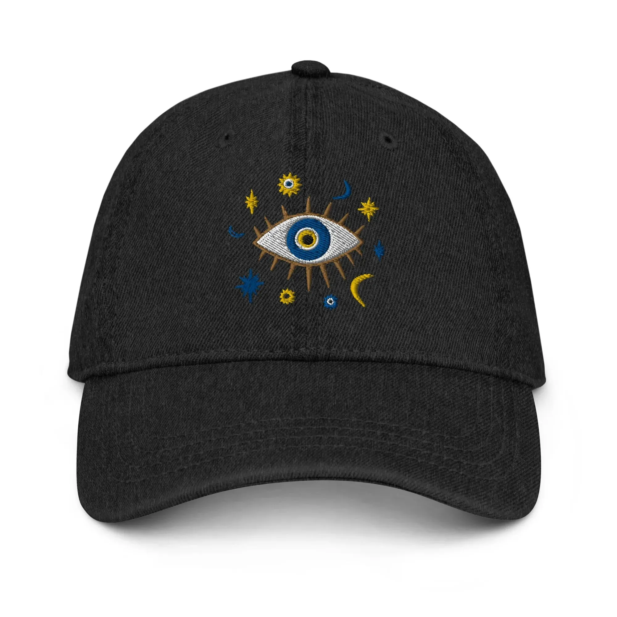 Greek Evil Eye Embroidered Denim Dad Hat