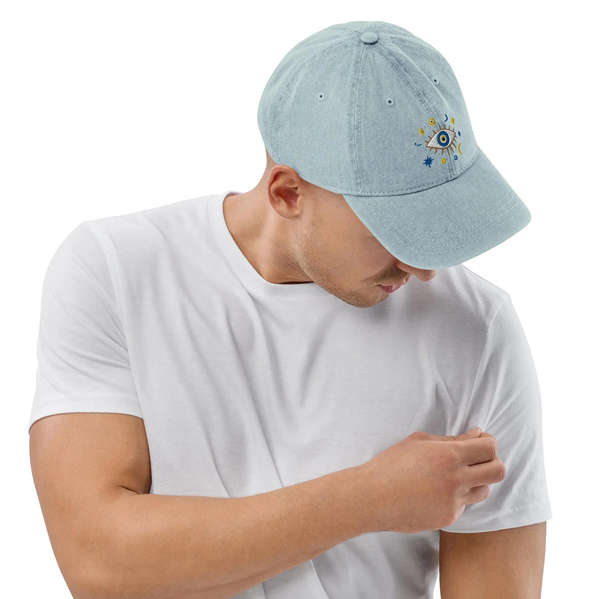 Greek Evil Eye Embroidered Denim Dad Hat