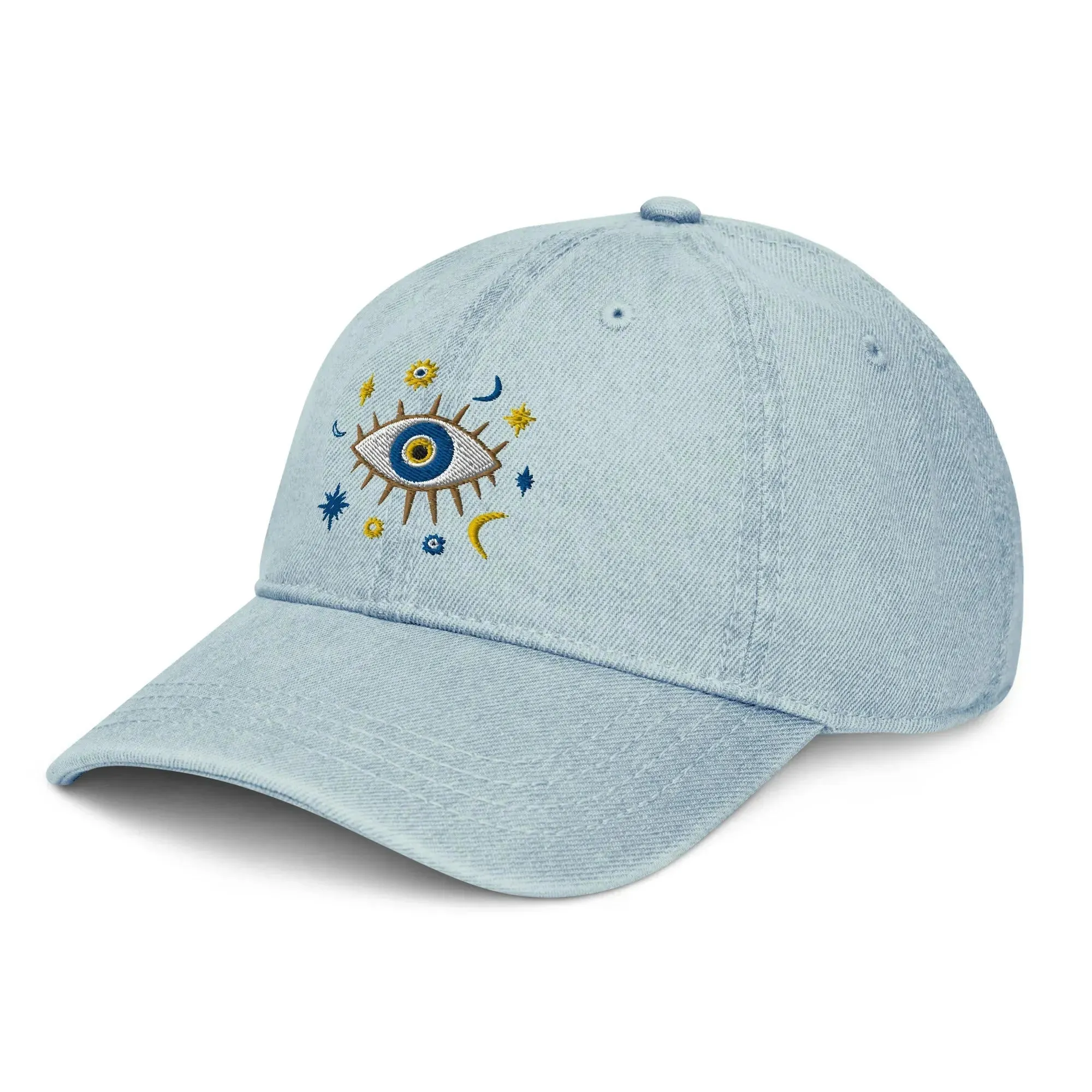 Greek Evil Eye Embroidered Denim Dad Hat
