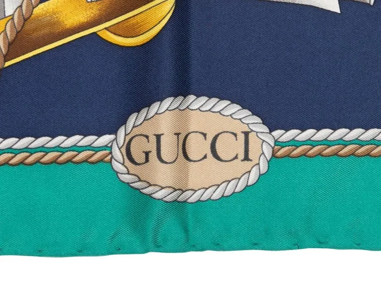 Green & Multicolor Gucci Sailboat Print Silk Scarf