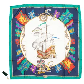 Green & Multicolor Gucci Sailboat Print Silk Scarf