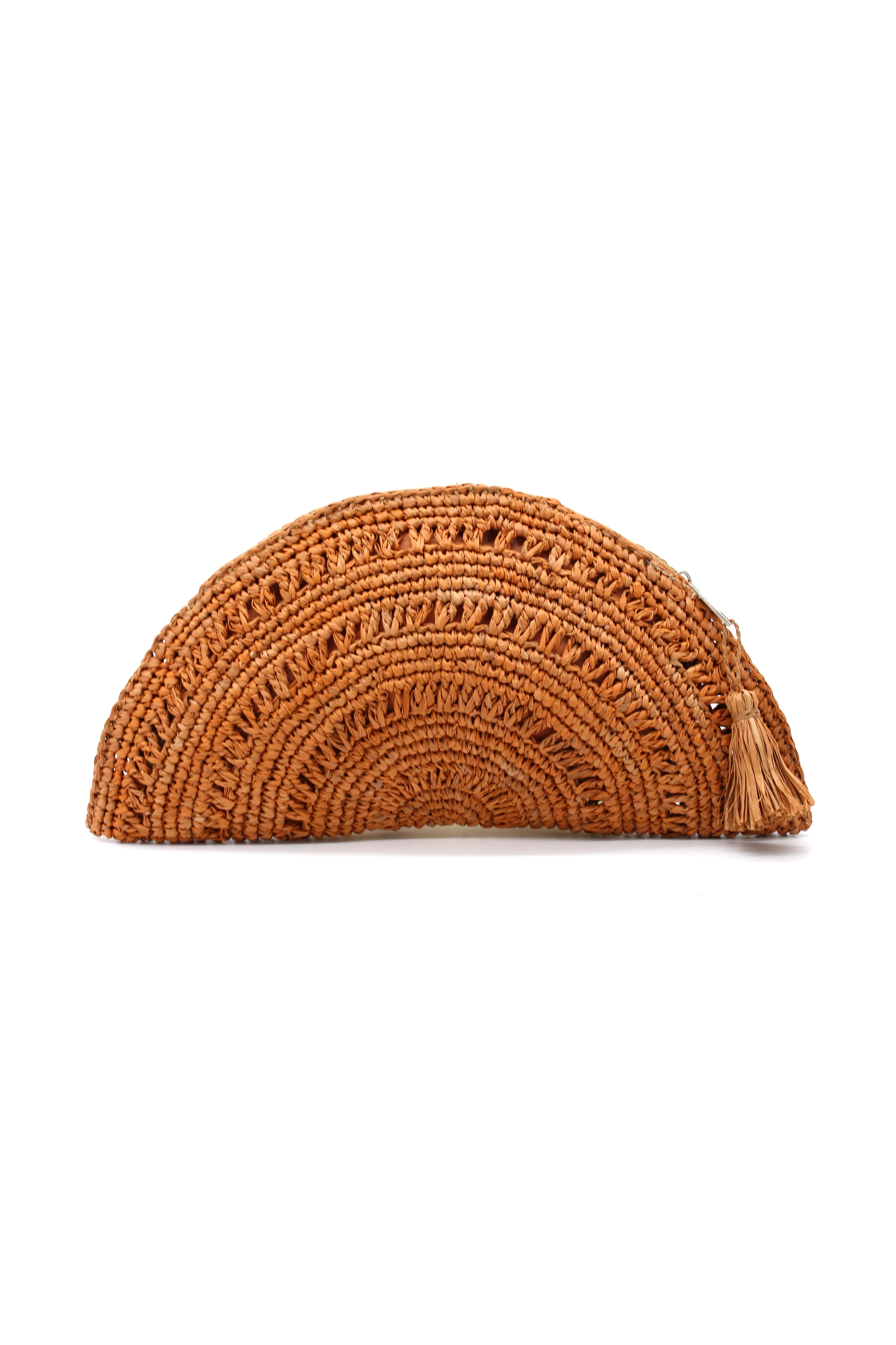 Half Moon Crochet Straw Clutch with Tassel Zipper Pull