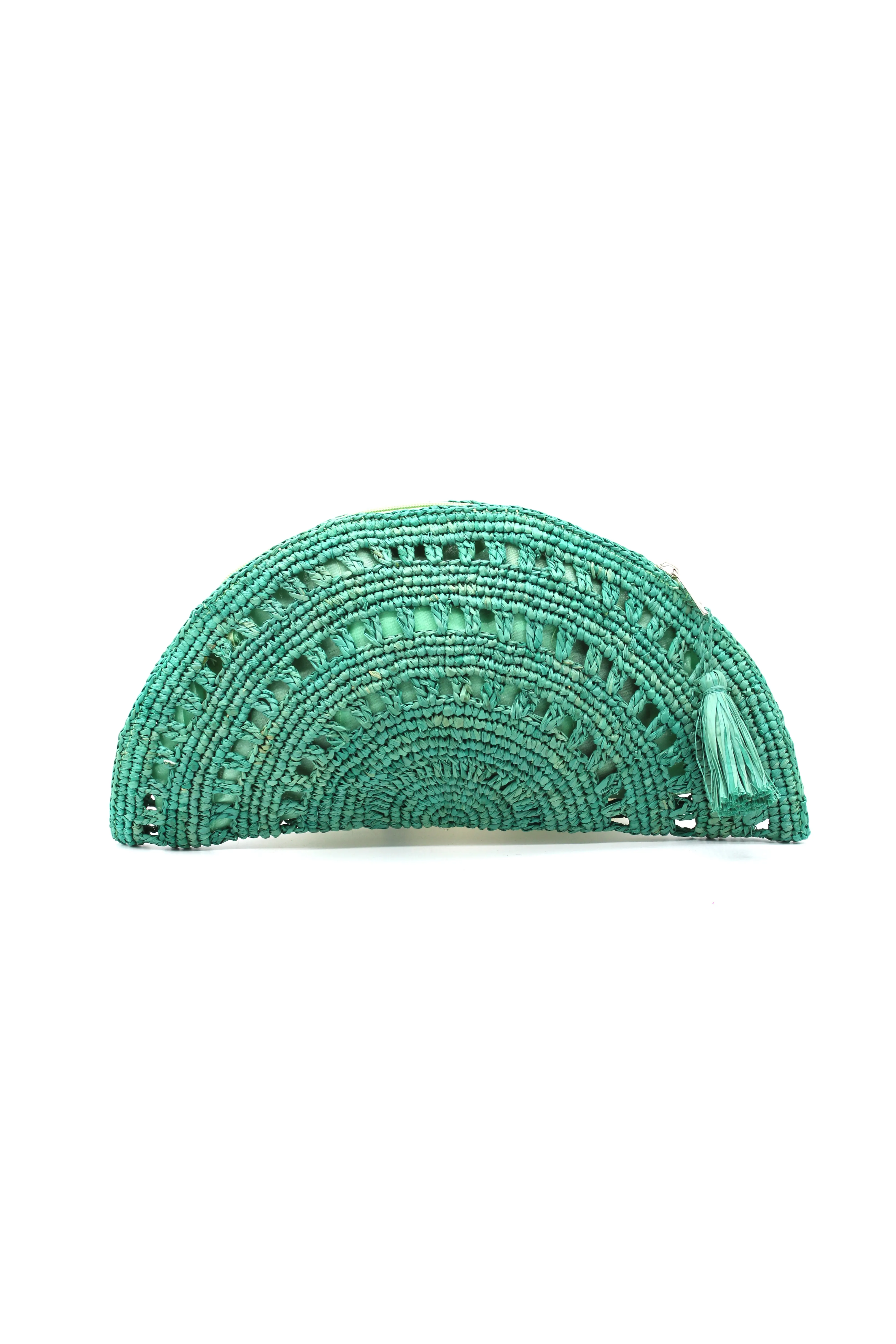 Half Moon Crochet Straw Clutch with Tassel Zipper Pull